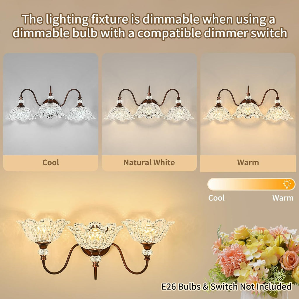 Antique Red Bronze Finish Bathroom Vanity Light, 3-Light Vintage Vanity Light with Floral Clear Glass Shades, Retro Wall Mount Lighting for Bathroom, Dressing Table