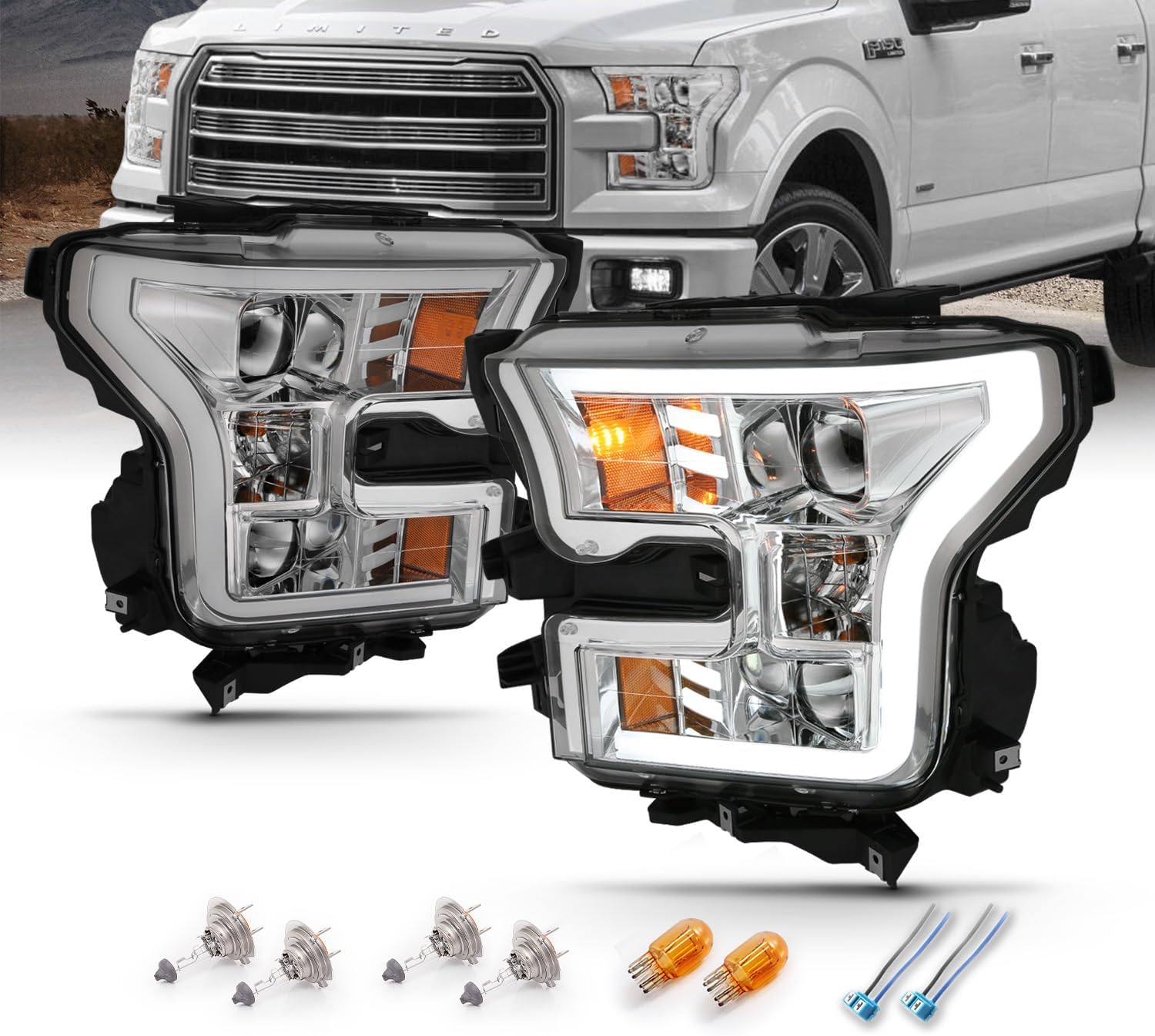 AmeriLite for 2015-2017 Ford F150 Truck Chrome LED Tube Dual Square Projector Replacement Headlights Assembly Pair - Driver and Passenger Side