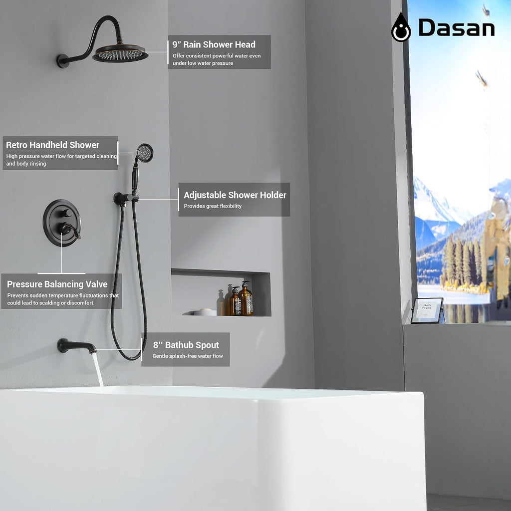 DASAN Oil Rubbed Bronze Shower System with Tub Spout, Tub and Shower Faucet Combo Set with Valve & Trim Kit Bathtub Shower Faucet Set Bathtub Shower System with Rainfall Shower & Handheld, AT309W-ORB