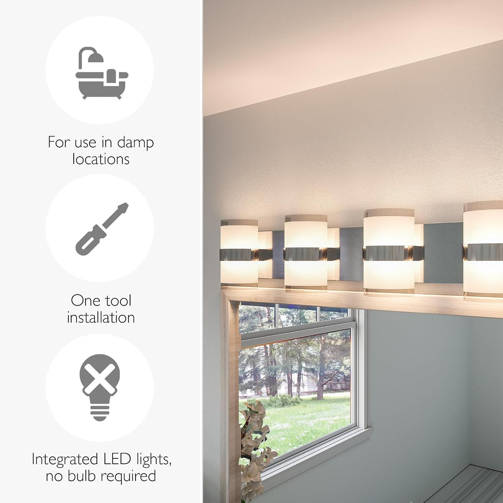 Design House Haswell Vanity Light, 4-Light Integrated LED Bathroom Fixture, Acrylic Frosted Shade, Polished Chrome, Modern Wall Lighting, 7 in H x 32.5 in L x 3.88 in W