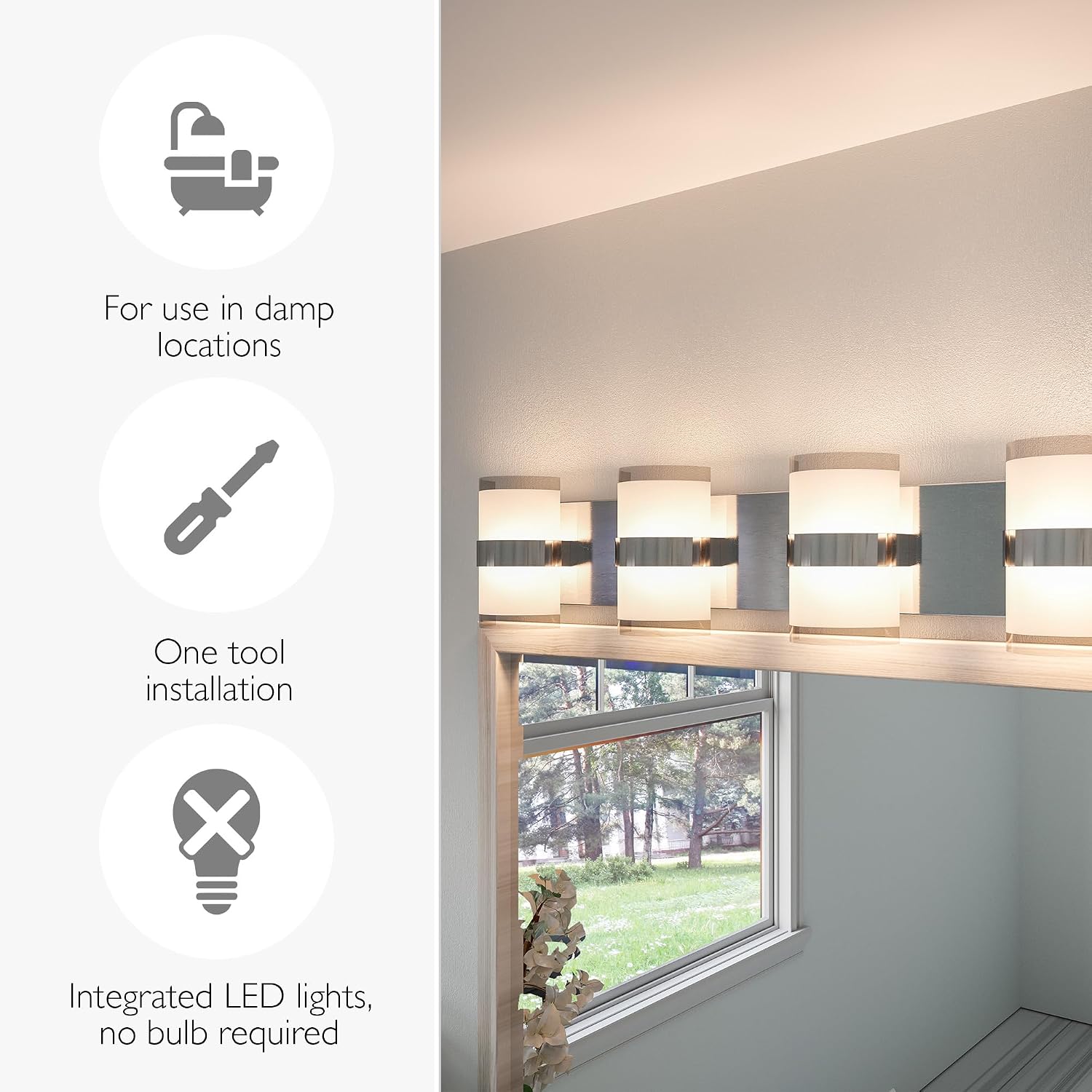 Design House Haswell Vanity Light, 4-Light Integrated LED Bathroom Fixture, Acrylic Frosted Shade, Polished Chrome, Modern Wall Lighting, 7 in H x 32.5 in L x 3.88 in W