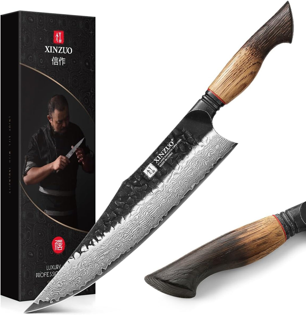 XINZUO 10 inch Professional Chef Knife,67 Layers 10Cr15CoMov High Carbon Damascus Steel Knife For Kitchen,Very Sharp，White Oak + Red G10 Gasket Handle