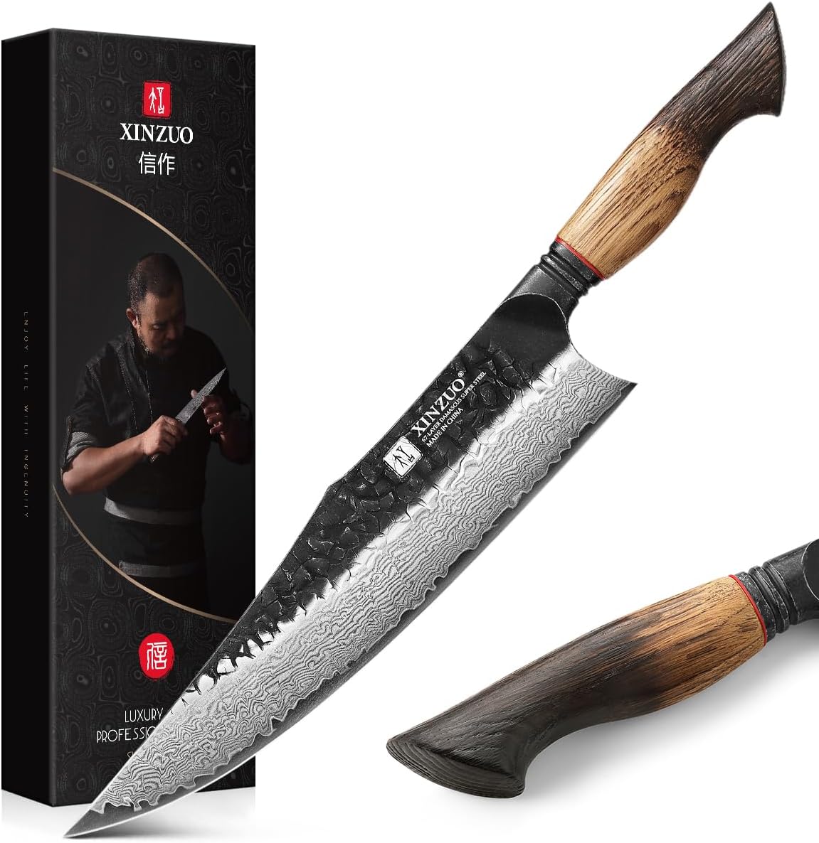 XINZUO 10 inch Professional Chef Knife,67 Layers 10Cr15CoMov High Carbon Damascus Steel Knife For Kitchen,Very Sharp，White Oak + Red G10 Gasket Handle