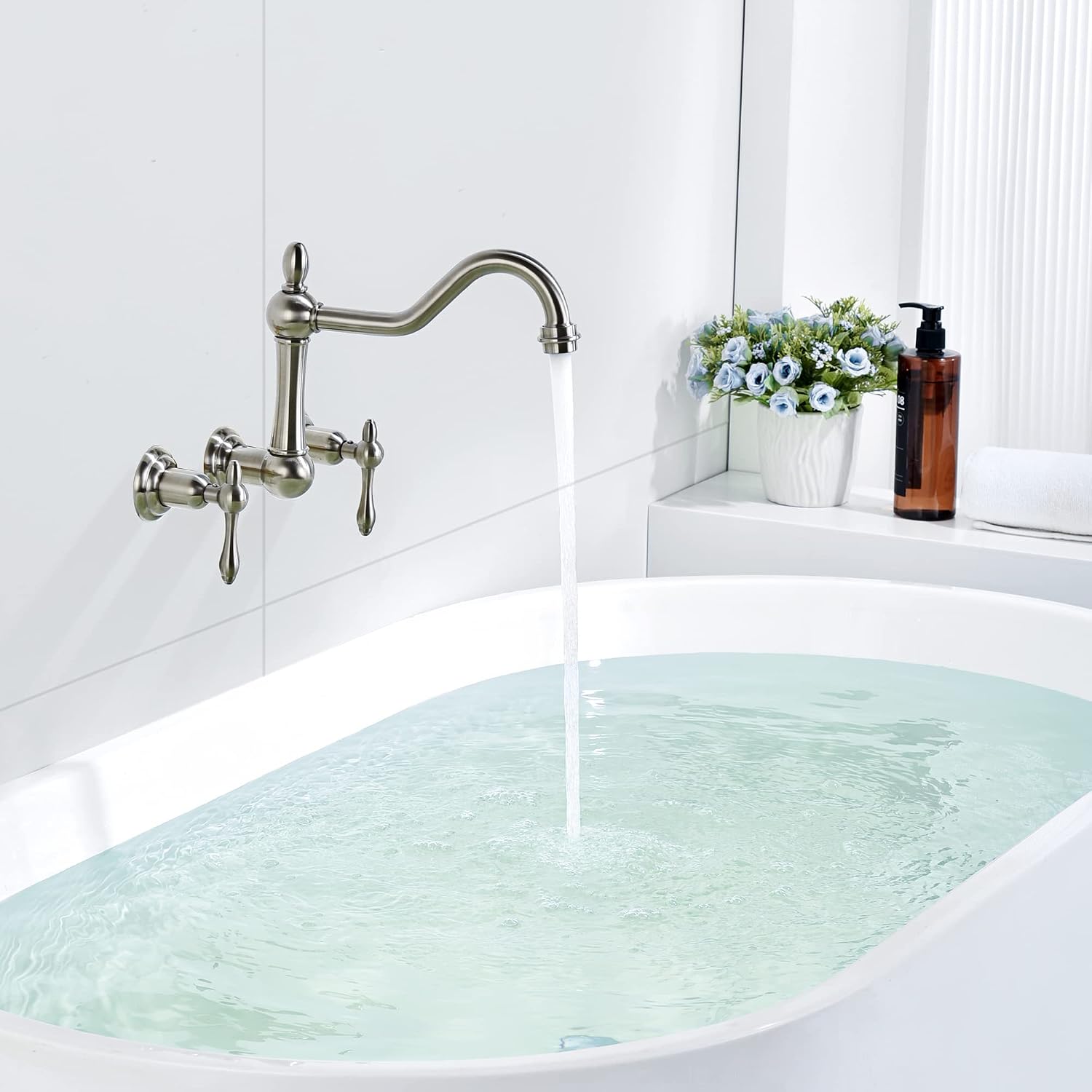 sumerain Wall Mount Bathtub Faucet Brushed Nickel Tub Filler, 8 Inches Center
