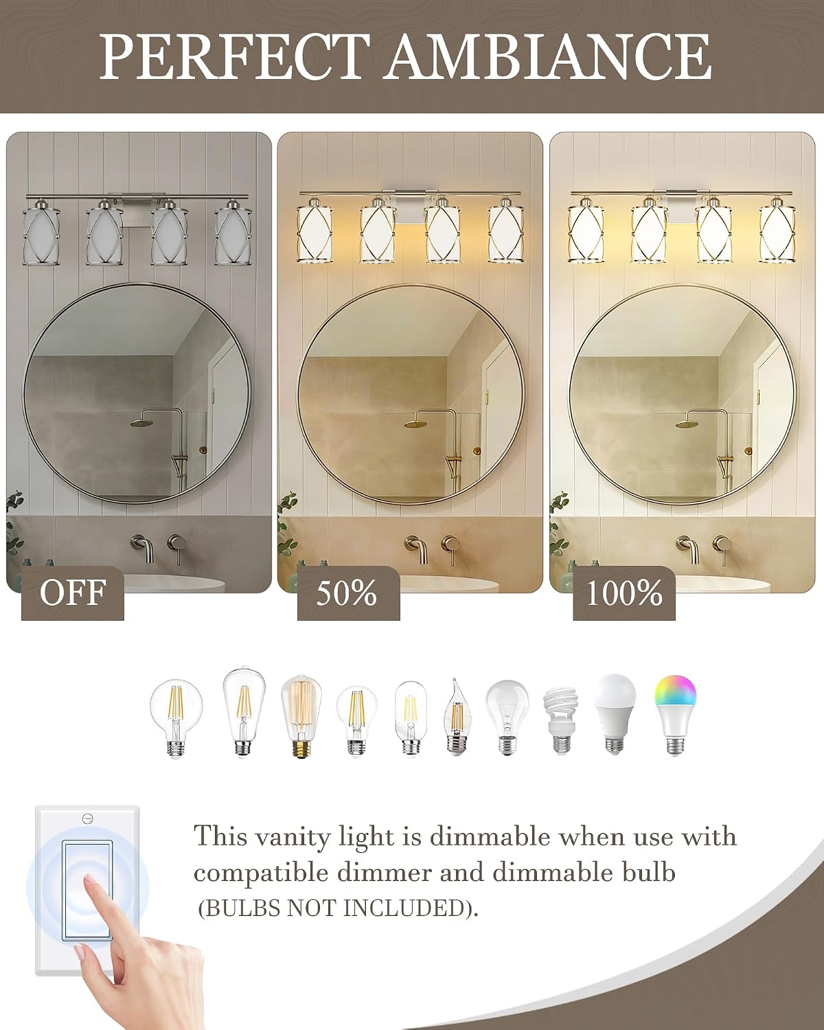 4-Light Brushed Nickel Bathroom Light Fixtures with Milk Frosted Glass, 29' Modern Bathroom Vanity Lighting Fixtures Over Mirror with Metal Cage, Wall Sconce Lights for Bath, E26, CH9176BNW-4W