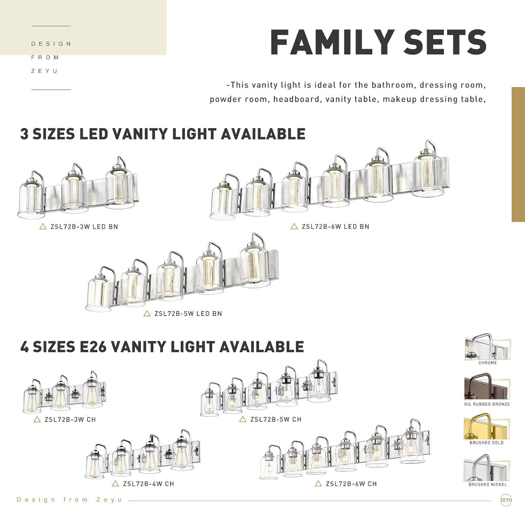 zeyu 30W Dimmable Bathroom Lighting, 5 Light LED Bathroom Wall Lights with 5 Color Modes, Brushed Nickel Finish with Crystal Bubble and Clear Glass, ZSL72B-5W LED BN