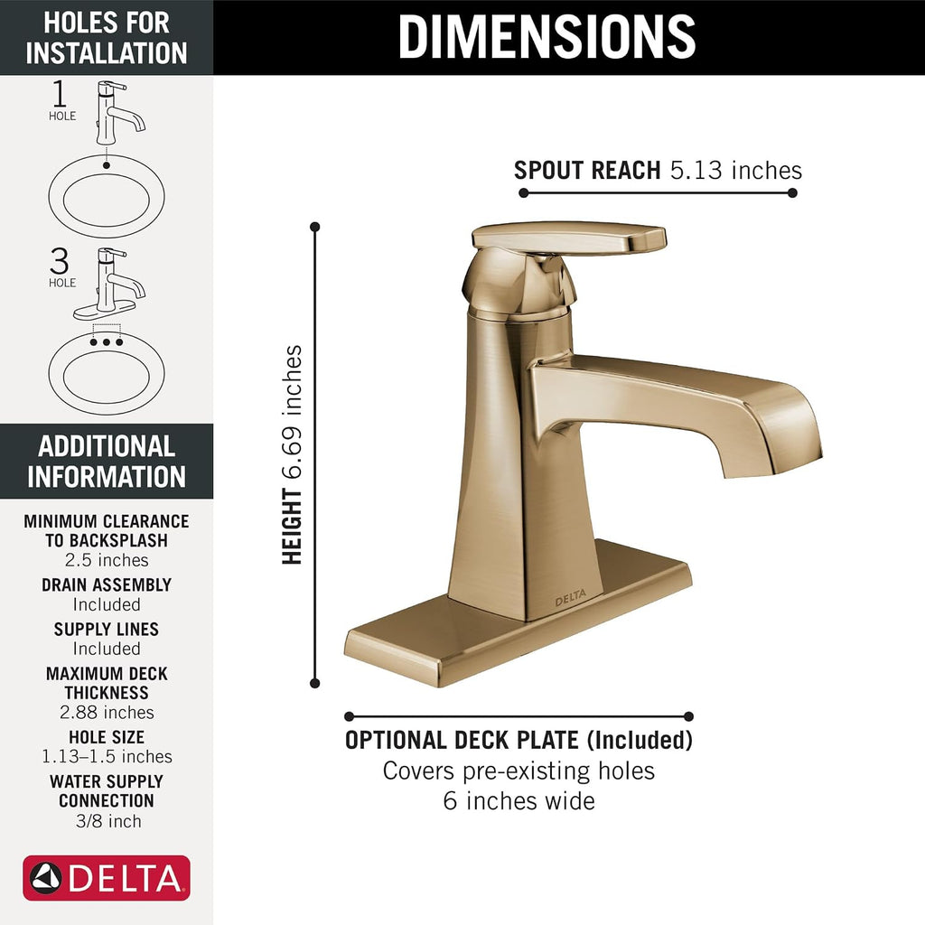 Delta Ashlyn Brushed Gold Bathroom Faucet 1 Hole, Single Hole Bathroom Sink Faucet for Vanity, Metal Push-Pop Drain Assembly, Champagne Bronze 564-CZMPU-DST