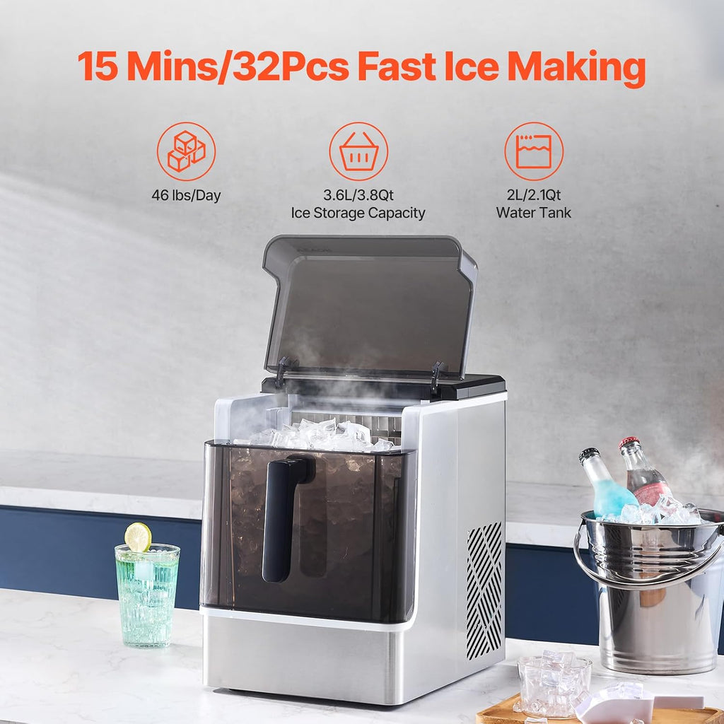 VEVOR Countertop Ice Maker, 32 Cubes Ready in 15 Mins, 46lbs in 24Hrs, Self-Cleaning Portable Ice Maker with Convenient Ice Transfer, Ice Machine with 2 Sizes Ice Cube for Home Kitchen Office Party