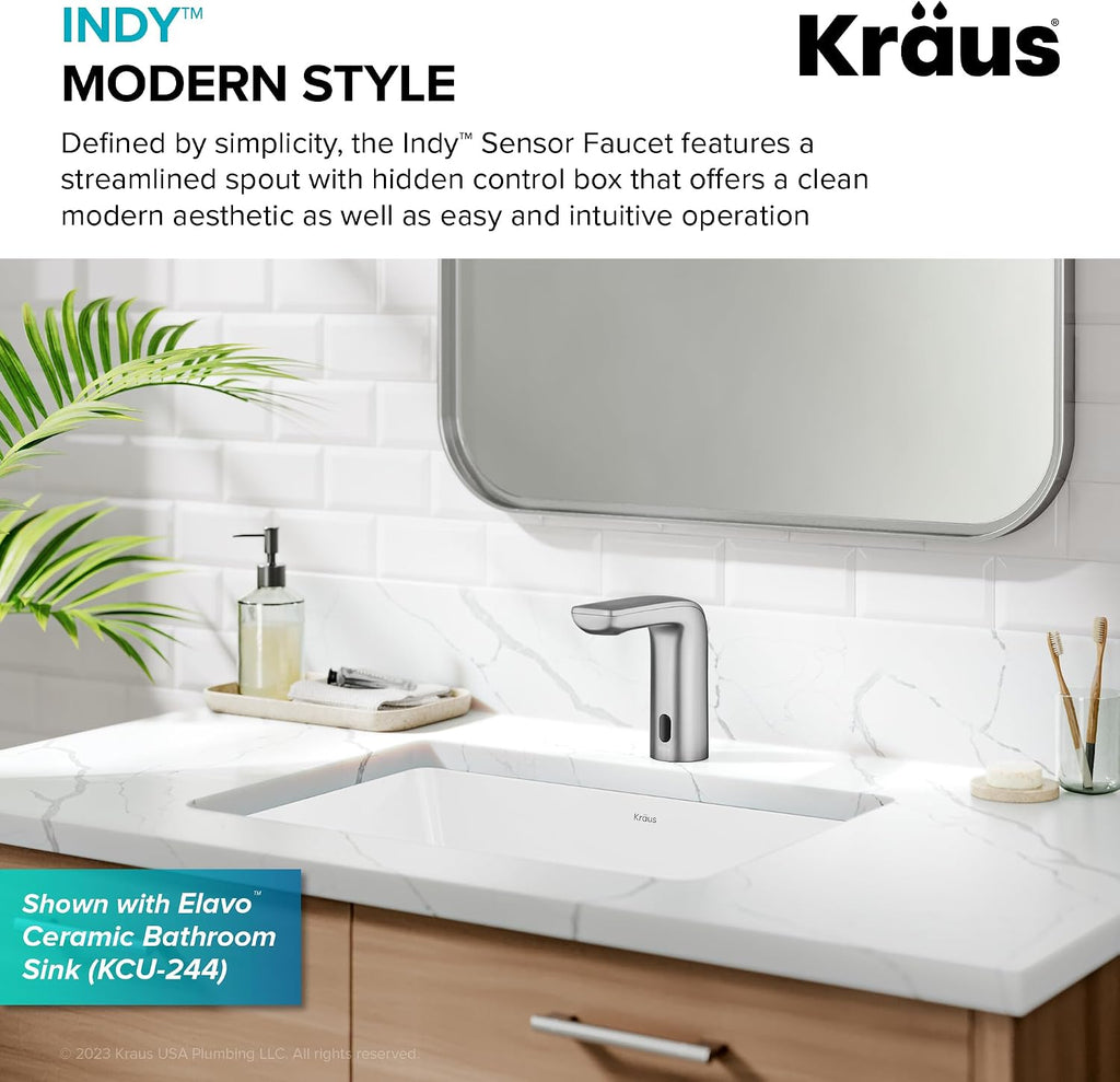 KRAUS Indy Touchless Sensor Bathroom Faucet with Control Box and Temperature Mixer in Spot Free Stainless Steel, KSB-10001SFS