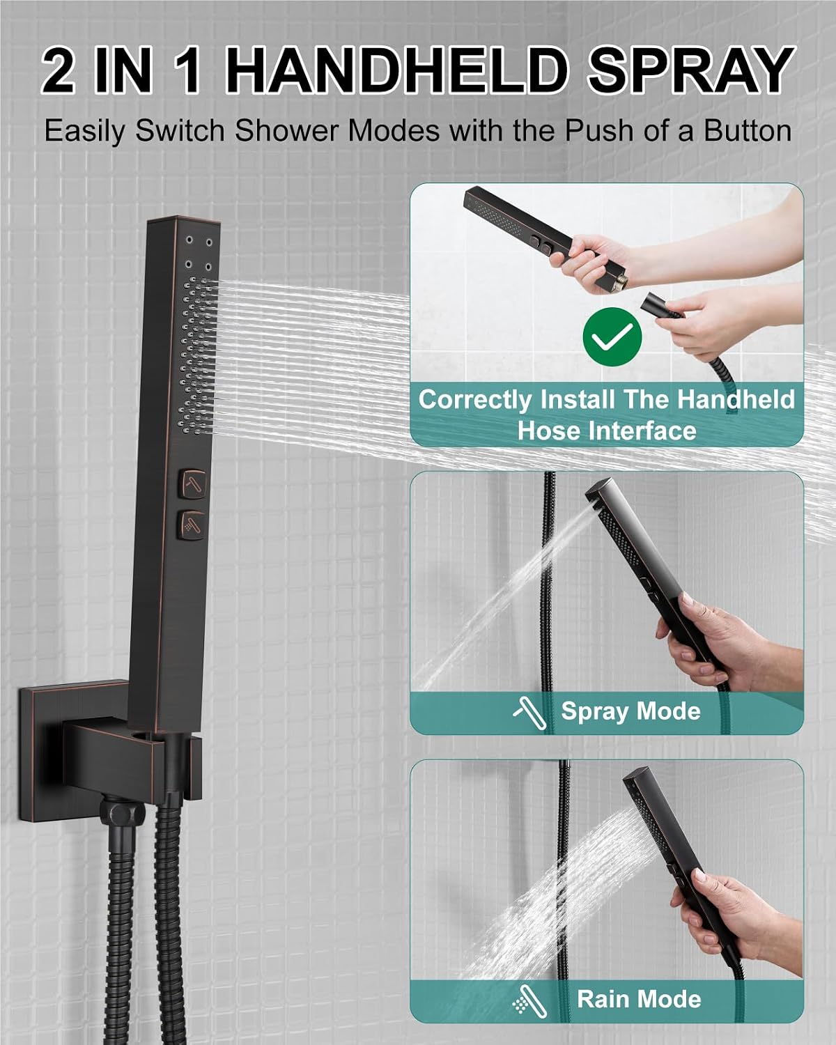 Shower Faucet Set Rainfall Shower System with Square Showerhead and Handle Set Fixture with 2 in 1 Function Handheld Sprayer Wall Mounted Trim Repair Kit Rough-in Valve 10 Inch Oil Rubbed Bronze