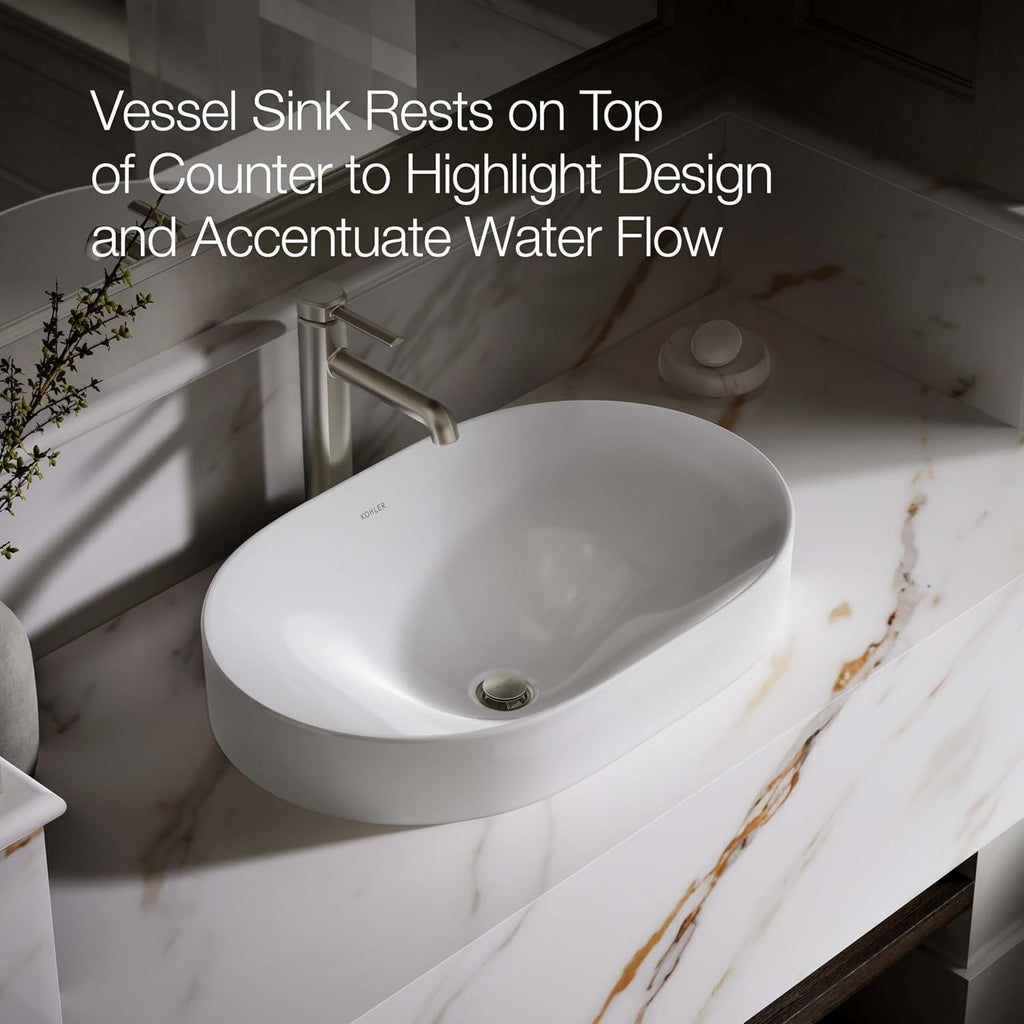 KOHLER 31701-0 Chalice 22-3/4' Oval Bathroom Vessel Sink, Above Counter Vanity Sink Basin, with Overflow, No Faucet Holes, White