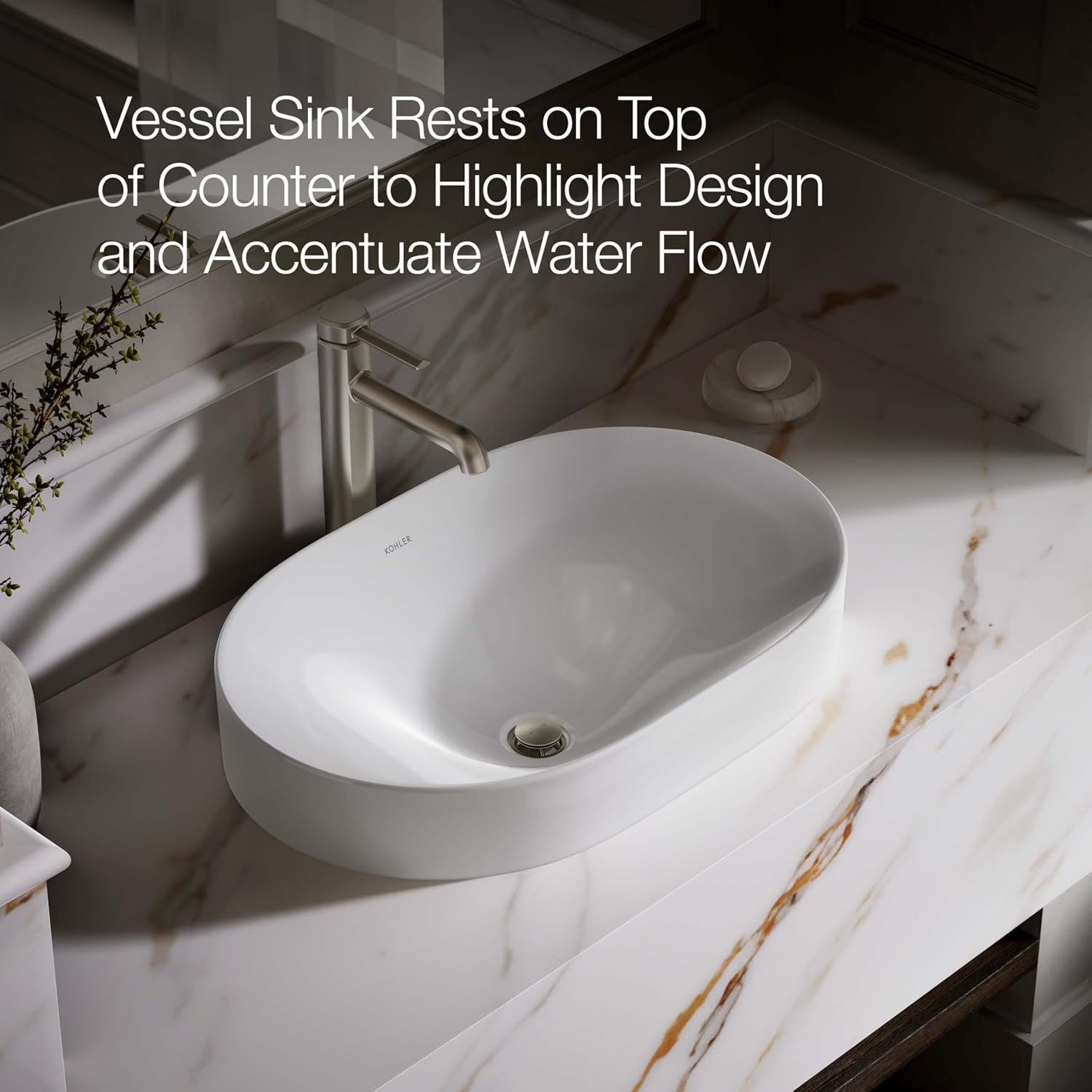 KOHLER 31701-0 Chalice 22-3/4' Oval Bathroom Vessel Sink, Above Counter Vanity Sink Basin, with Overflow, No Faucet Holes, White