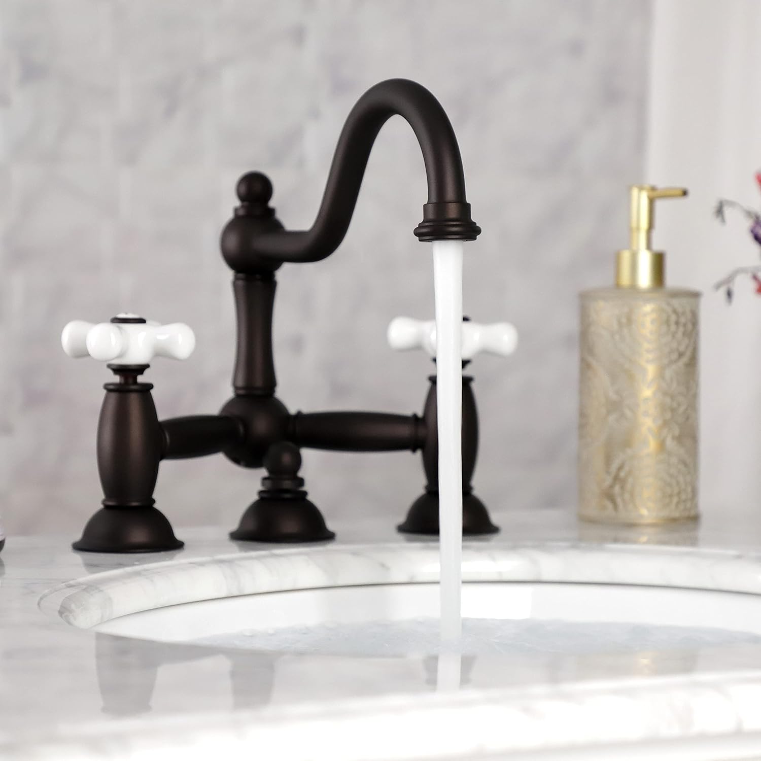 Kingston Brass KS3915PX Restoration Widespread Lavatory Faucet with Porcelain Cross Handle, Oil Rubbed Bronze