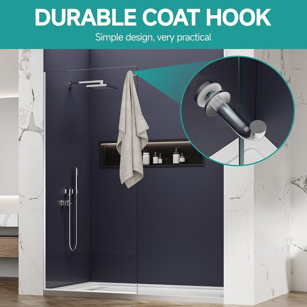 36' W x 76' H Fixed Shower Glass Panel, 3/8' w/Coat Hook, Brushed Nickel | Fixed Shower Door Screen; Coat Hook; SGCC Tempered Glass; Easy Clean Coating