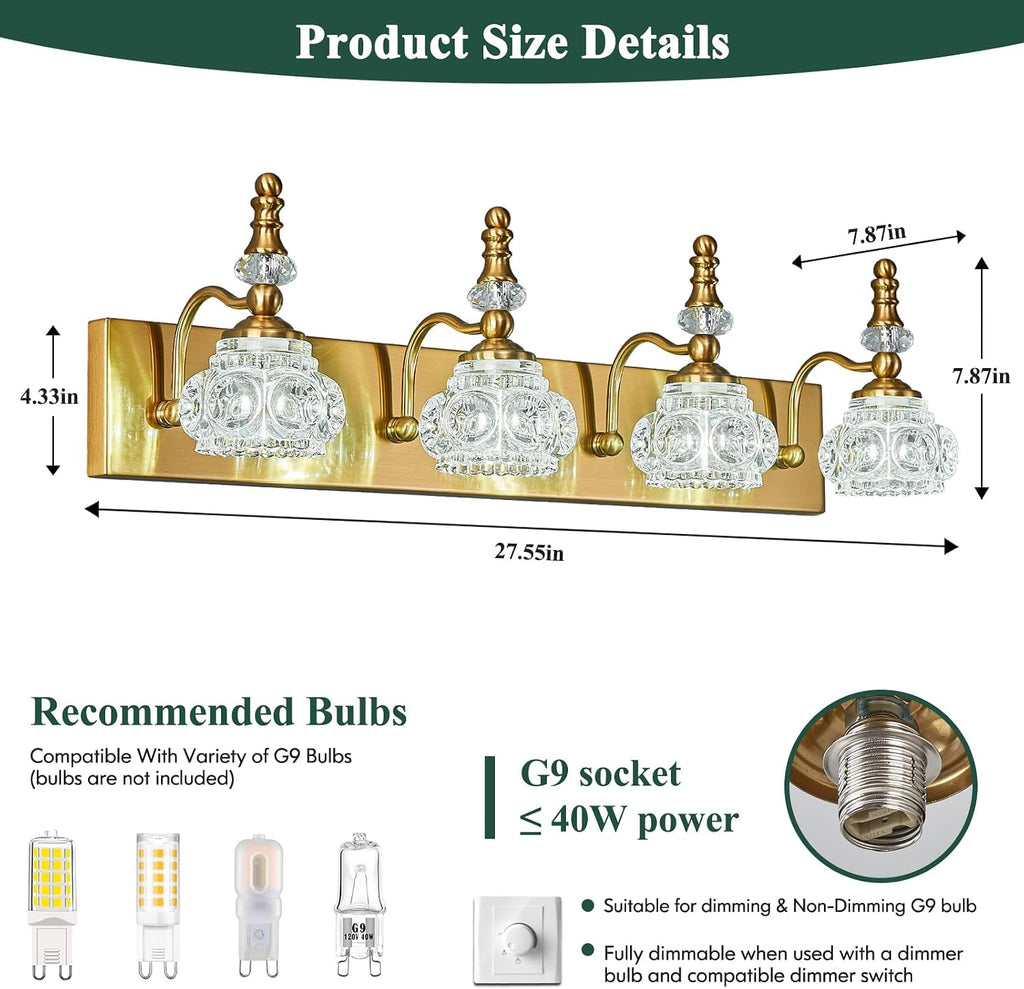 Modern Glass Crystal Vanity Light - Vintage Bathroom Lighting Fixtures Over Mirror, 4 Light Vanity Lights G9 Bulb (27.55 Inch, Gold)