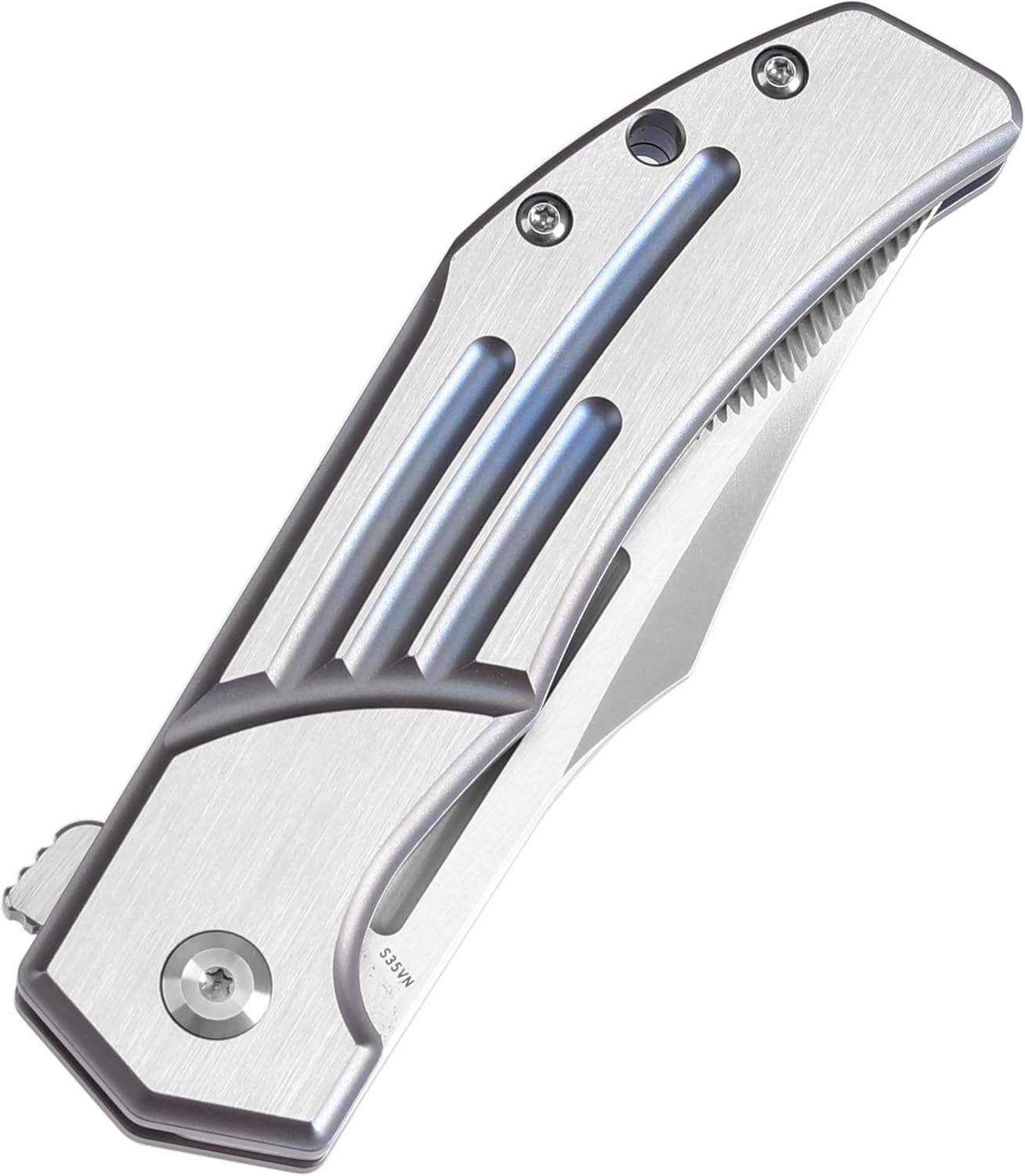 KANSEPT Orion Pocket Knife, 3.07'' CPM S35VN with CNC Milling Blade with Blood Groove, Blue Anodized Titanium Handle and Flipper or Thumb Disk, for Men Camping Survival Hunting Folding Knives K1089B1
