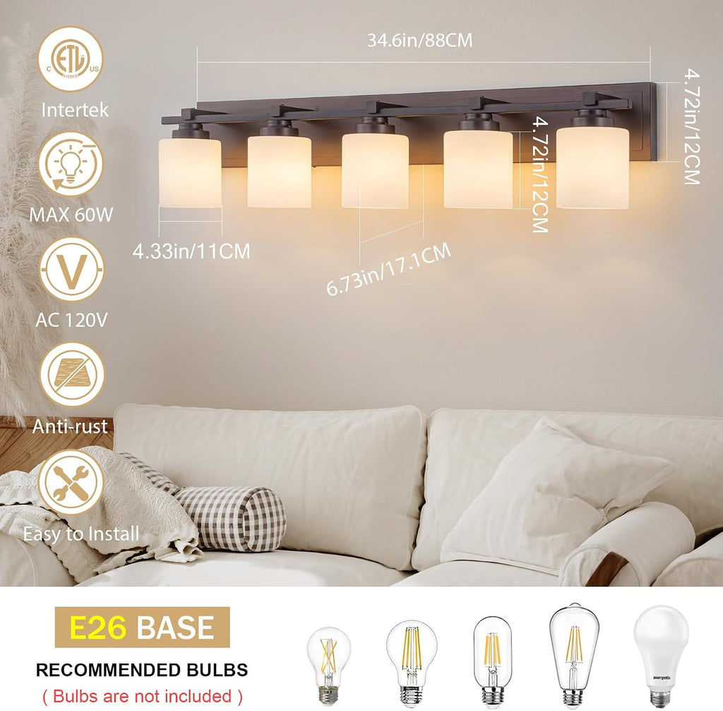 Modern Bathroom Light Fixtures Over Mirror, Vanity Lights for Bathroom Wall Sconces with Milky White Glass Shades, E26 Socket (Bulbs Not Included), 5 Light, Oil Rubbed Bronze