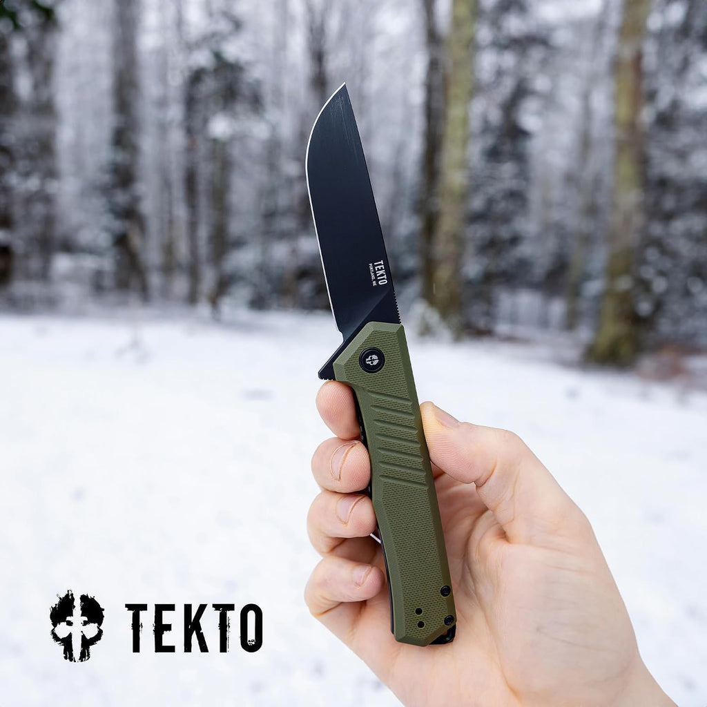 TEKTO F1 Alpha Folding Pocket Knife - Modified Straight Back Blade, Titanium Coated D2 Steel, Tactical Knife, EDC Folding Pocket Knives for Camping, Hunting & Backpacking - G10 OD Green, Black Accents