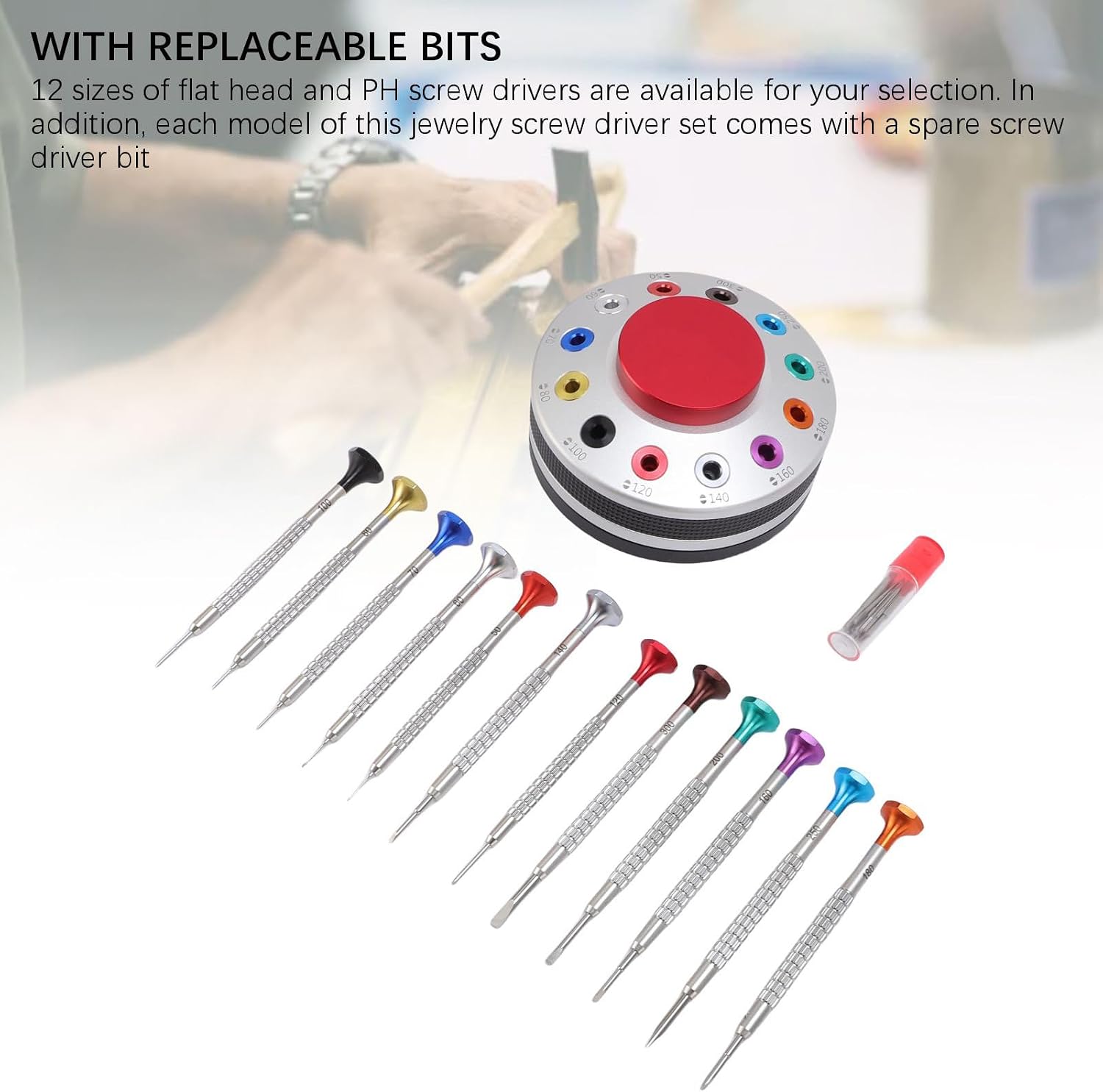 AYNEFY 12Pcs Watchmakers Screw Driver Set,Stainless Steel Flat PH Head Watch Repair Installation Disassembly Screw Driver Bits On Rotating Stand for Eyewear Jewelry