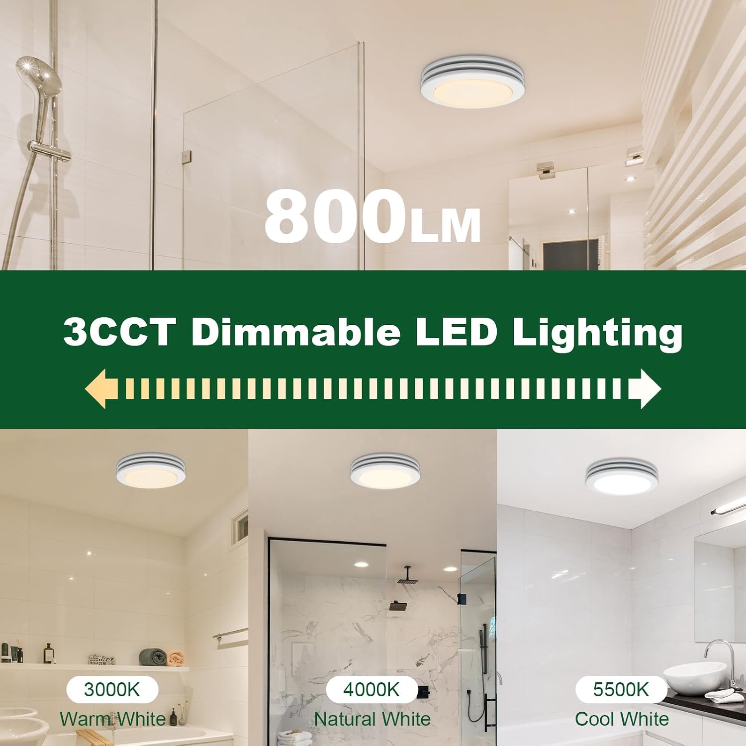 Akicon Bathroom Exhaust Fan with Light, 80CFM 2.0 Sones Round Bathroom Fan Light Combo, Dimmable 3CCT LED with Acrylic Cover for Medium Room (Satin White)