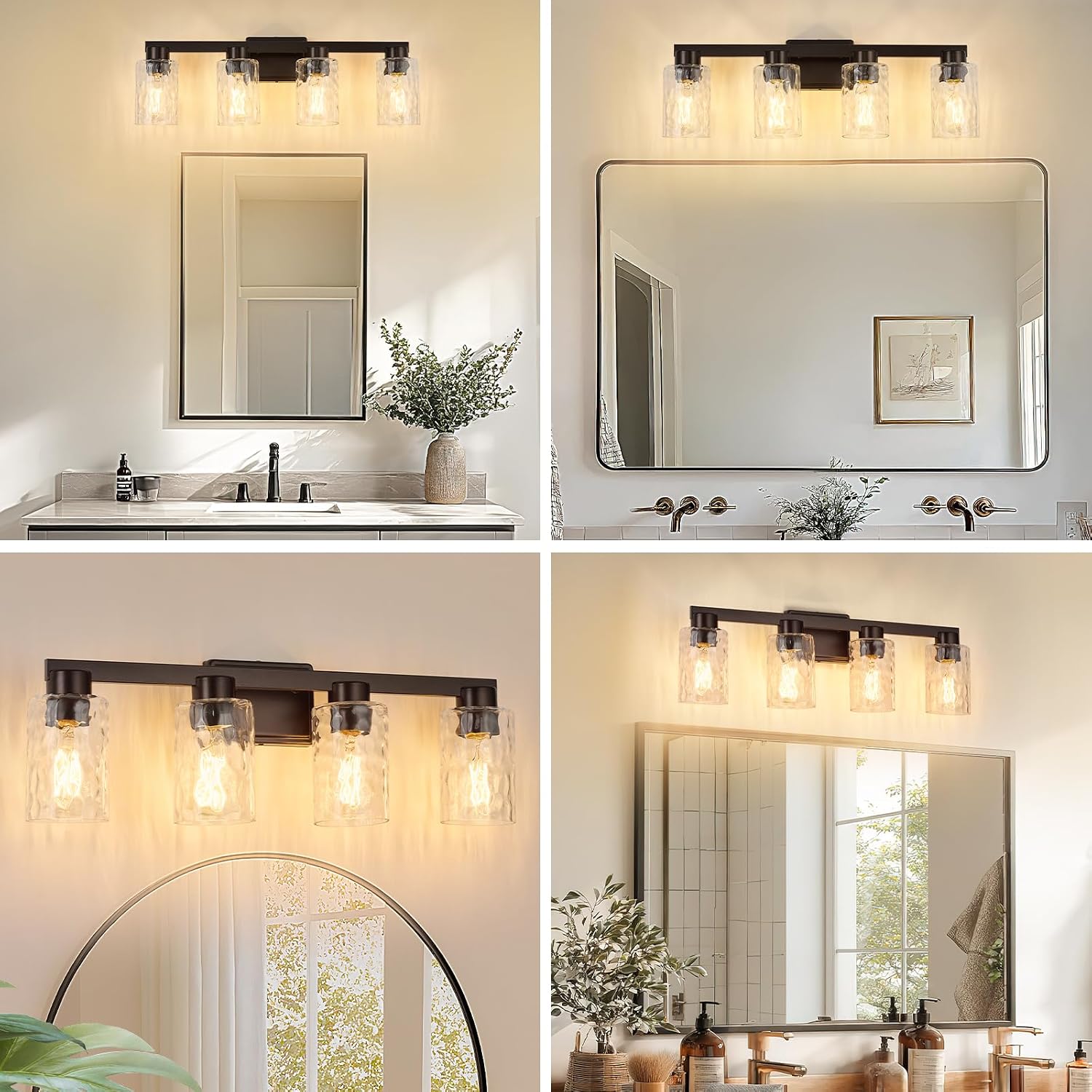 4-Light Bathroom Light Fixtures Modern Oil Rubbed Bronze Vanity Lights with Water Ripple Glass Wall Sconces Over Mirror for Bathroom, Powder Room, Living Room