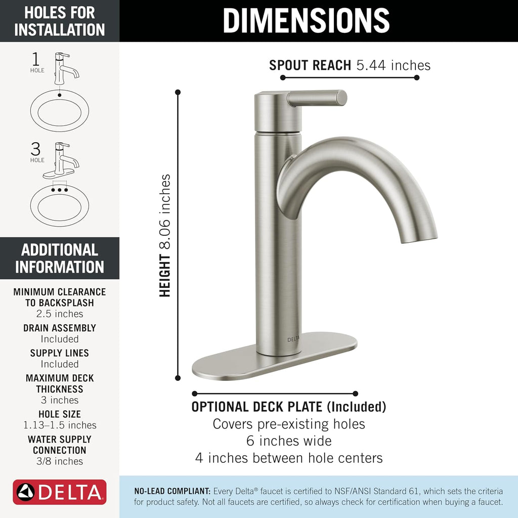Delta Nicoli Brushed Nickel Bathroom Faucet 1 Hole, Single Hole Bathroom Sink Faucet for Vanity, Push-Pop Drain Assembly, Stainless 15749LF-SS