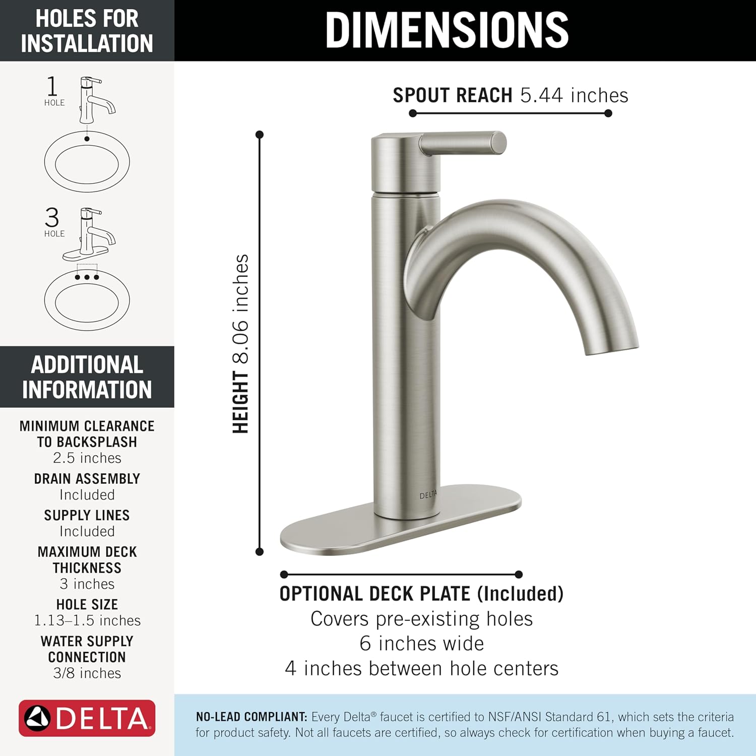 Delta Nicoli Brushed Nickel Bathroom Faucet 1 Hole, Single Hole Bathroom Sink Faucet for Vanity, Push-Pop Drain Assembly, Stainless 15749LF-SS