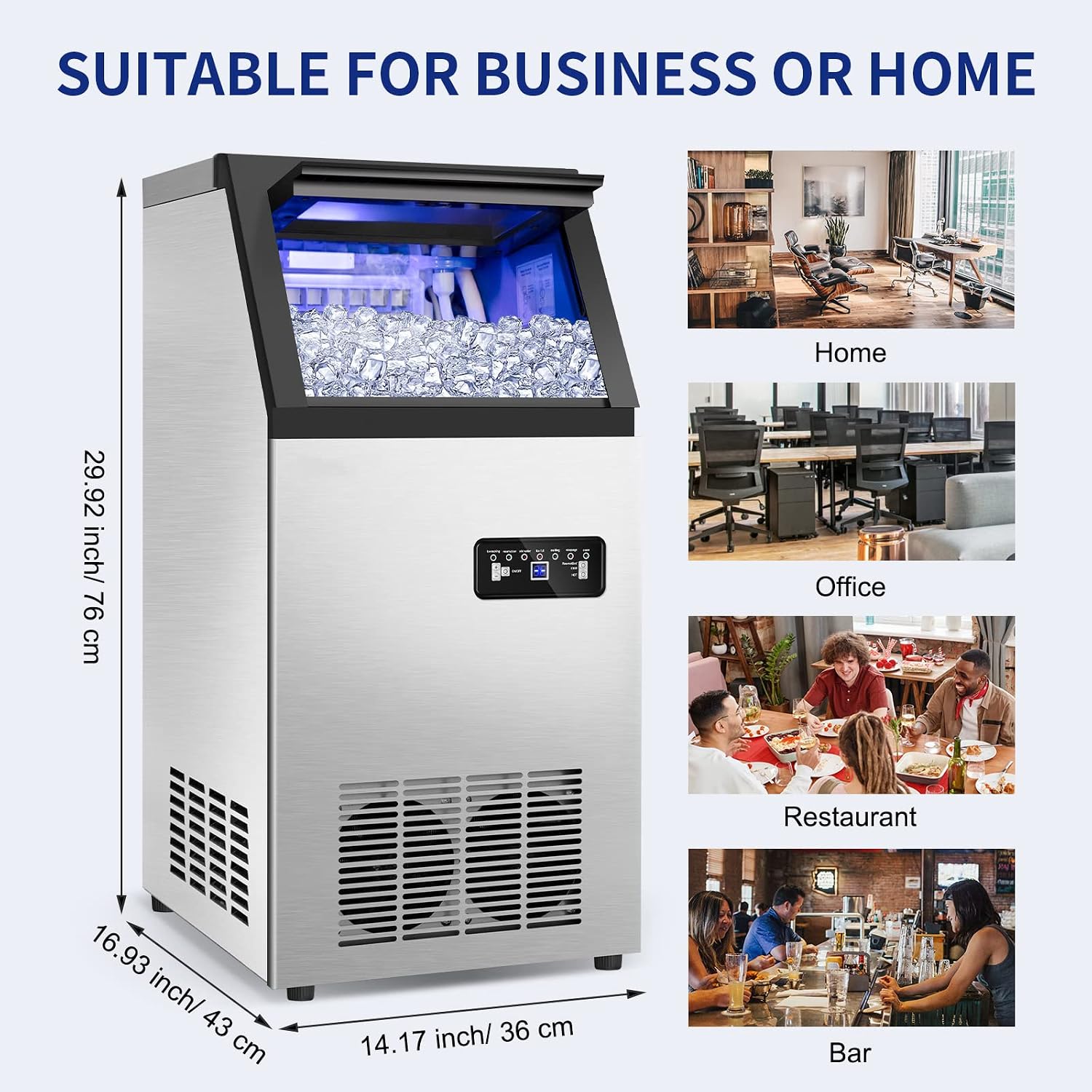 Commercial Ice Maker Machine 120Lbs/24H with 35Lbs Ice Capacity, 45Pcs Clear Ice Cubes Ready in 11-20Mins, Stainless Steel Under Counter Freestanding Large Ice Machine, 2 Water Inlet Modes