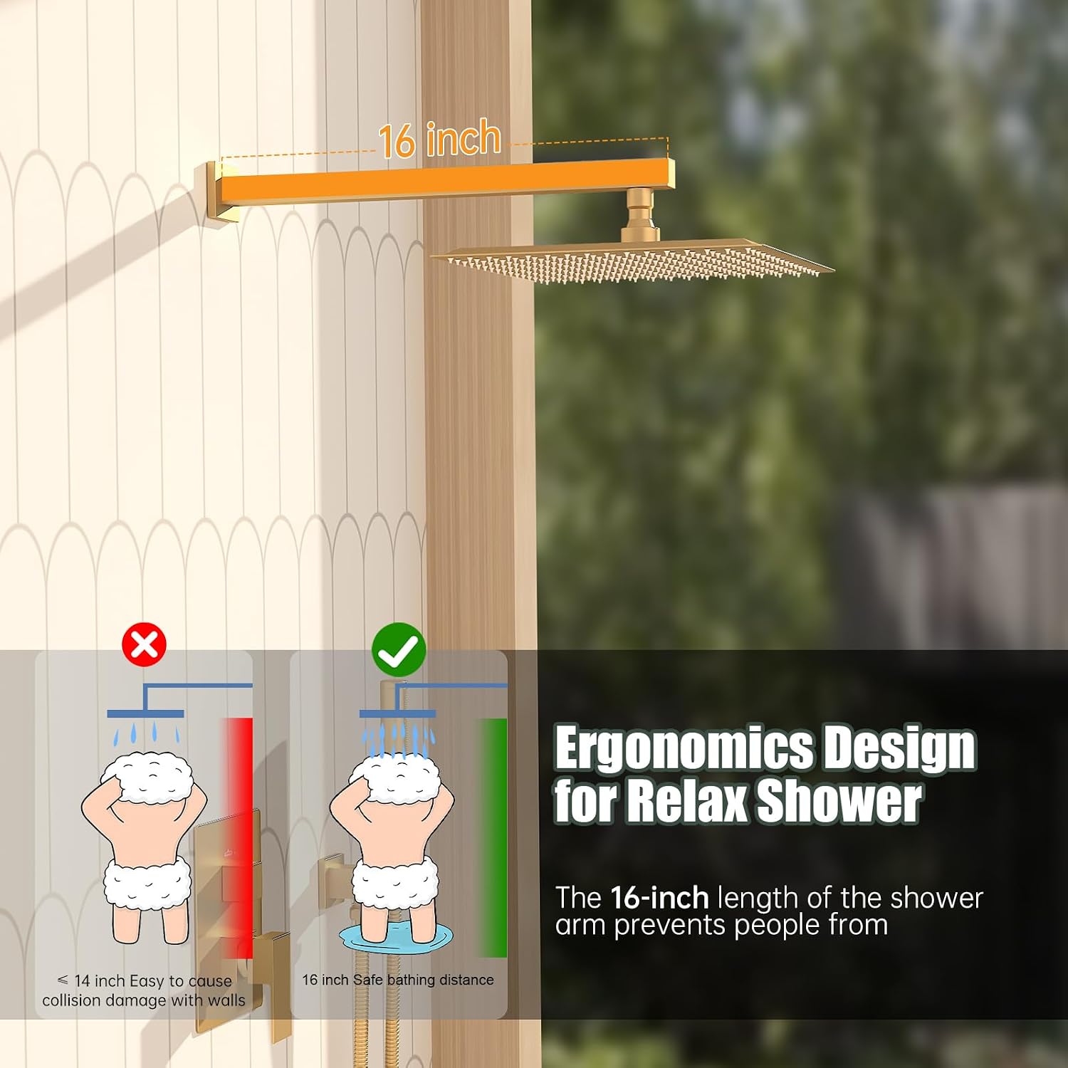 BESy Bathroom Shower System Rain Shower Head Shower Faucet Fixture | 12 Inch Rainfall Shower Head and Handle Set Wall Mounted Shower Mixer Valve Brushed Gold