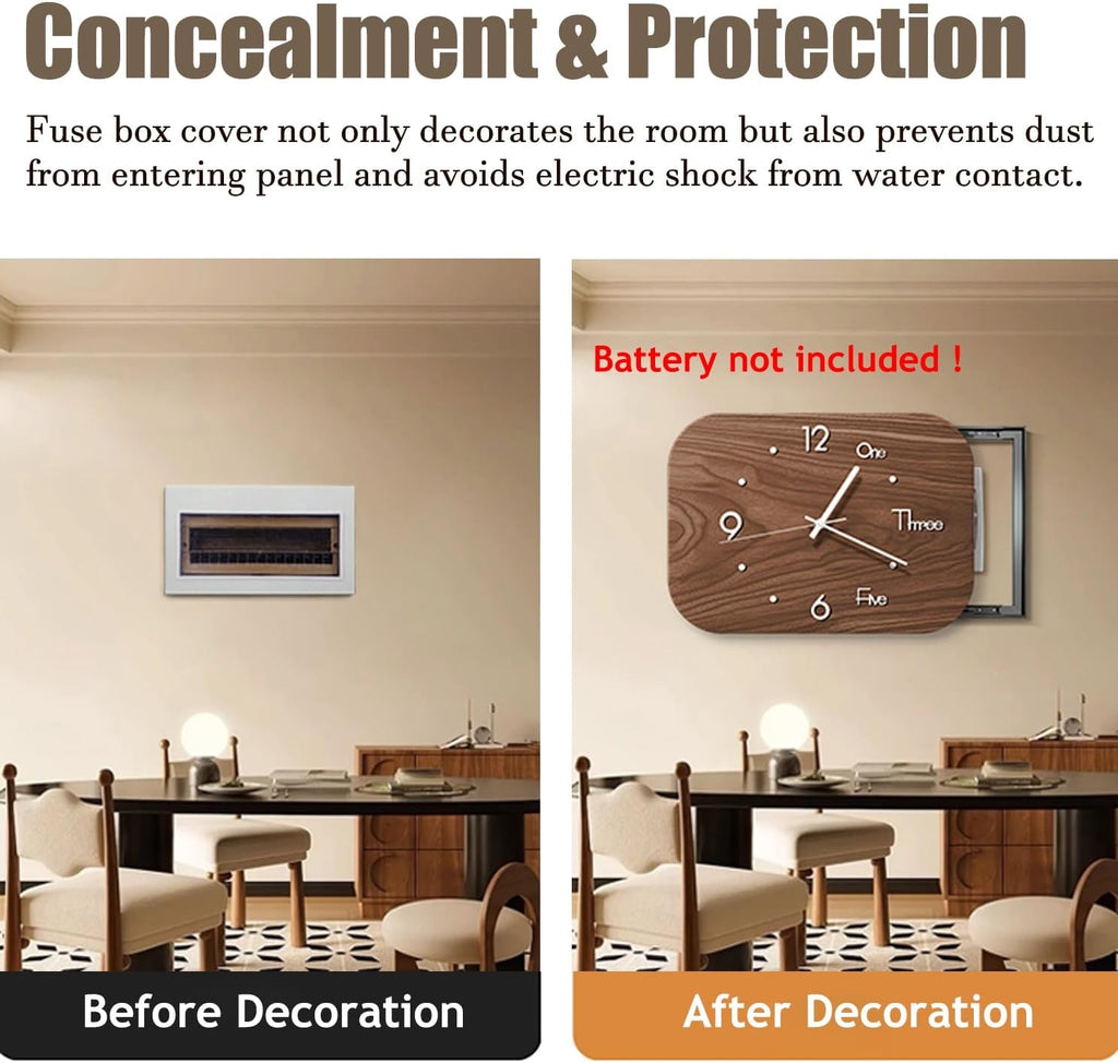 Electrical Panel Cover Retro Electrical Panel Cover with Analog Clock, Sliding Fuse Box Cover with Aluminum Alloy Frame, Electric Meter Box Cover Artwork Decorative Wall(Black,WXH-72x53CM-28.3X20.9')