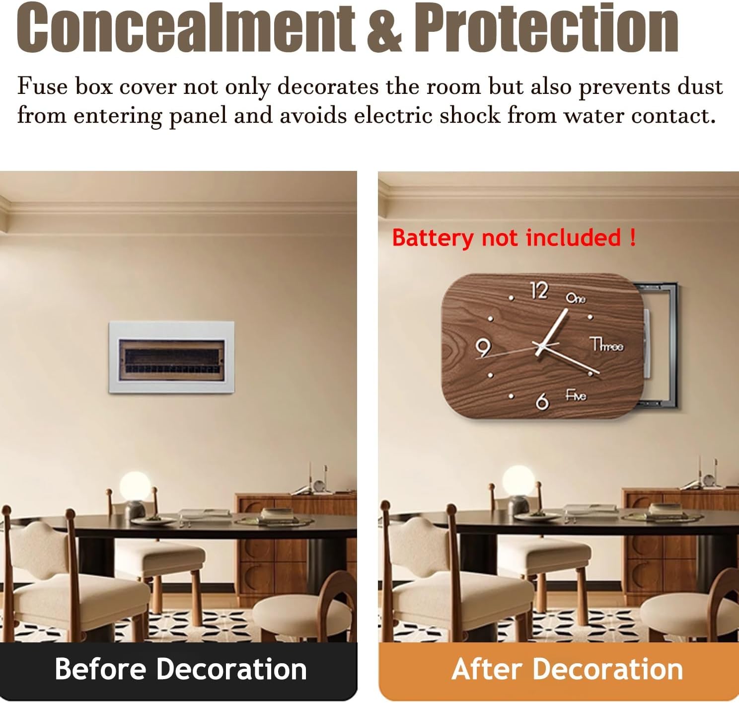 Electrical Panel Cover Retro Electrical Panel Cover with Analog Clock, Sliding Fuse Box Cover with Aluminum Alloy Frame, Electric Meter Box Cover Artwork Decorative Wall(Black,WXH-72x53CM-28.3X20.9')
