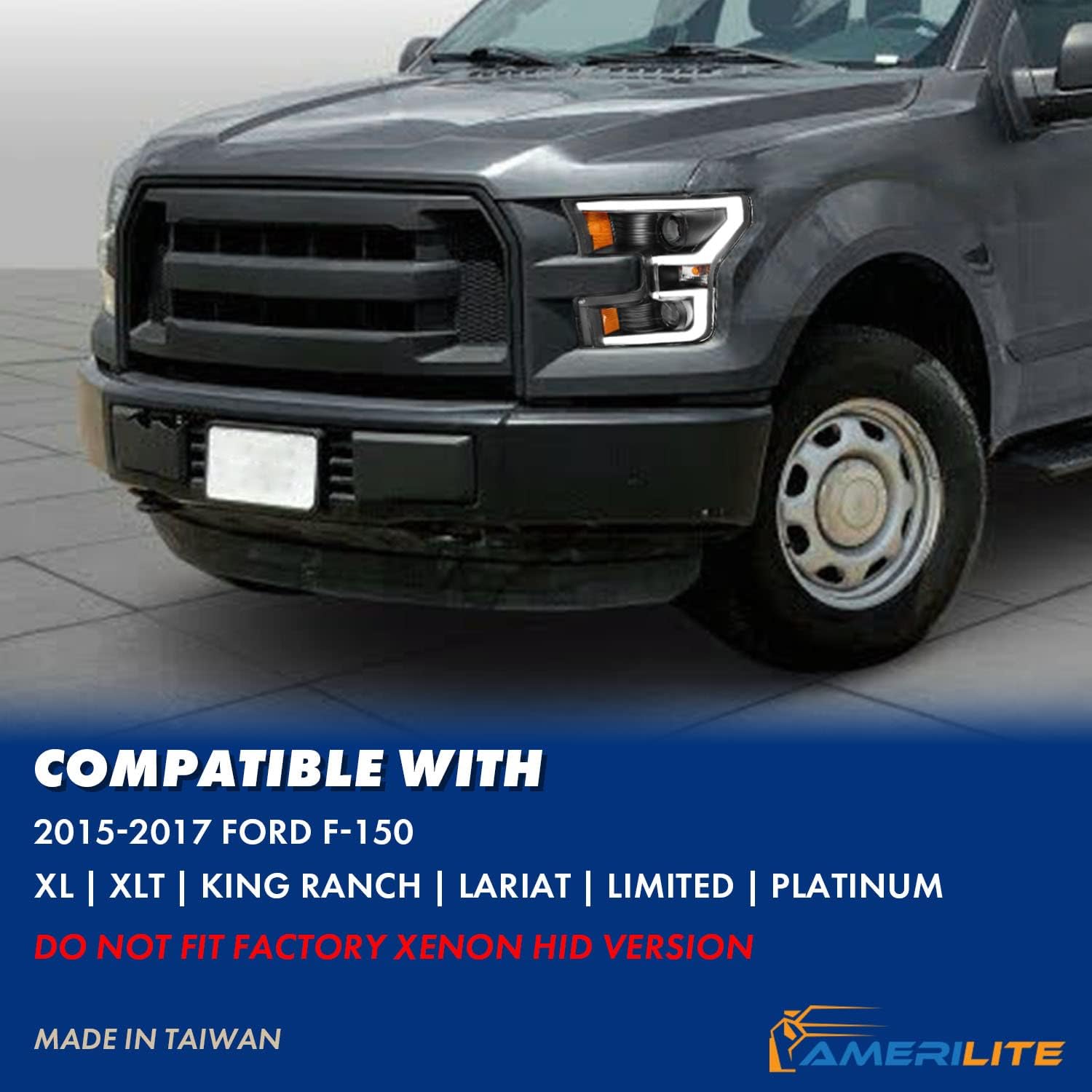 AmeriLite for 2015-2017 Ford F150 Pickup [Halogen Type] Dual LED Bar Projector Black Replacement Headlight Set - Driver and Passenger Side