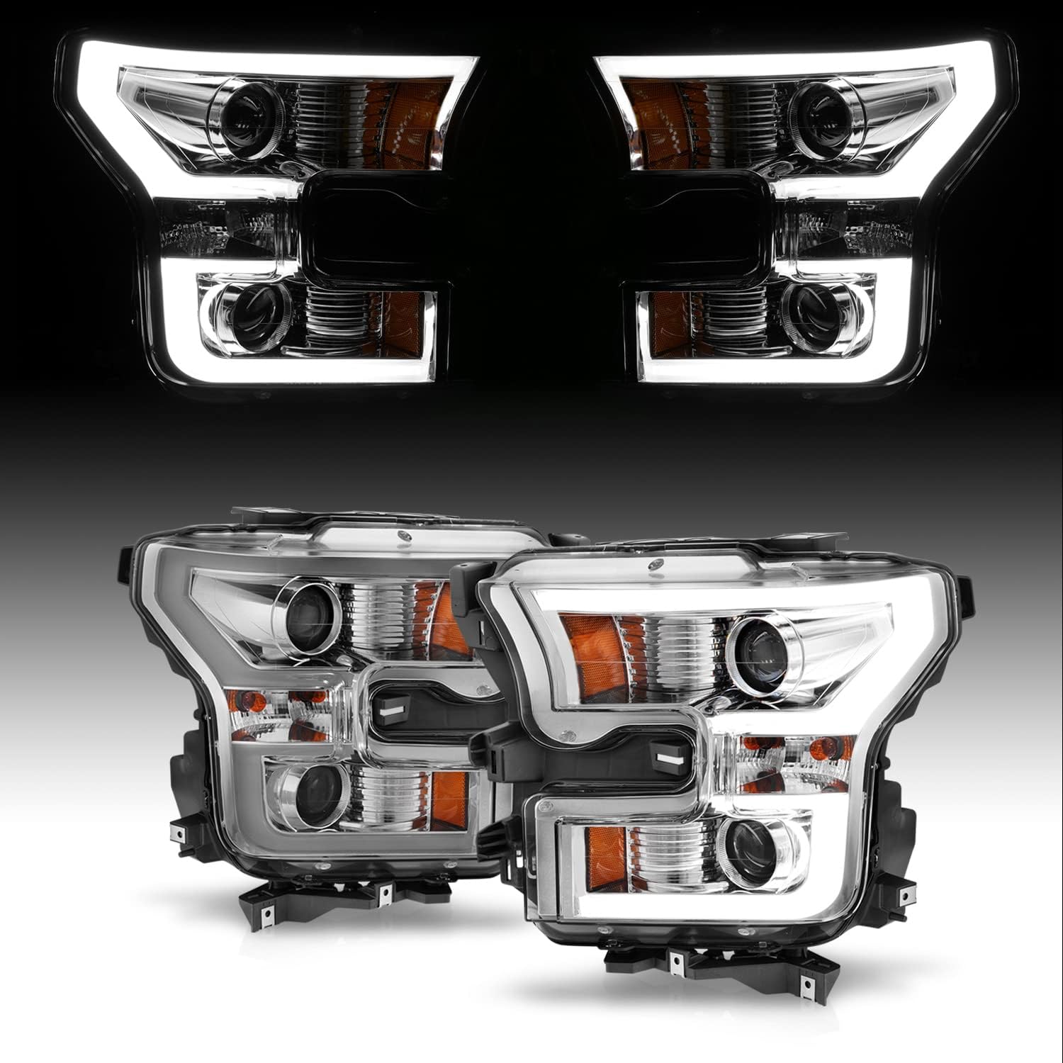 AmeriLite for 2015-2017 Ford F150 Truck LED Tube Dual Projector Beam Chrome Headlight Assembly Set - Driver and Passenger Side