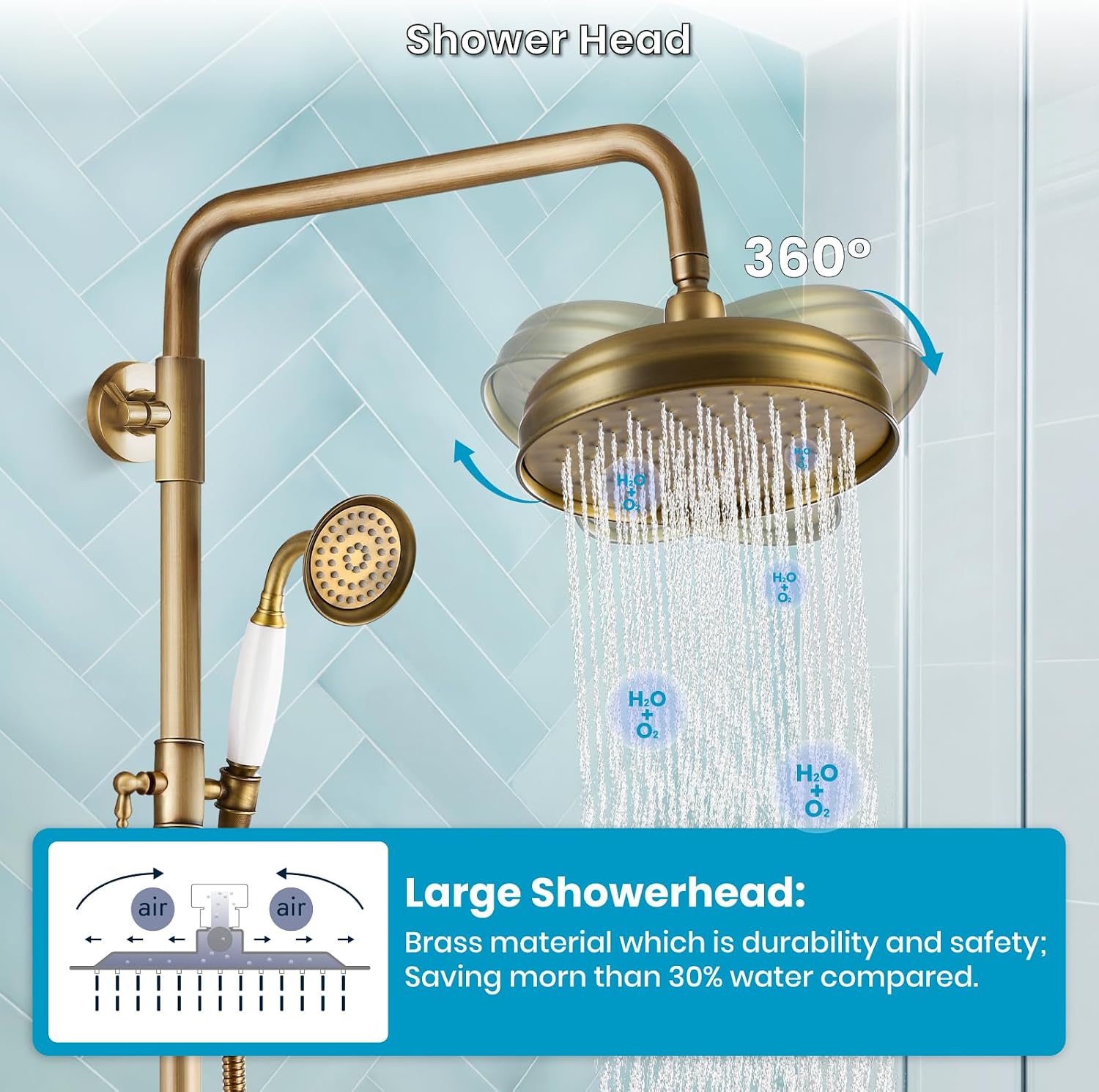 gotonovo Luxury Exposed Shower Faucet Set Bathroom Shower System 8 Inch Wall Mount Rainfall Shower Head with Handheld Spray Cross Double Handle Shower Fixture Adjustable Straight Rod Antique brass