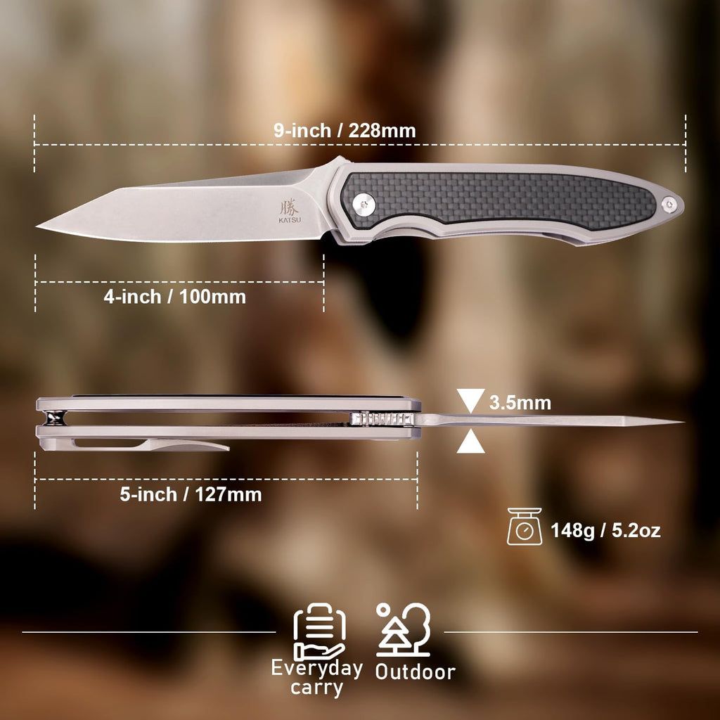KATSU S35VN Folding Knife with Clip,Carbon Fiber Handle Pocket Knife Cleaver Razor Blade Frame Lock,Japanese Style Clip Point Blade Stonewashed Titanium Knives with Leather Sheath Camping
