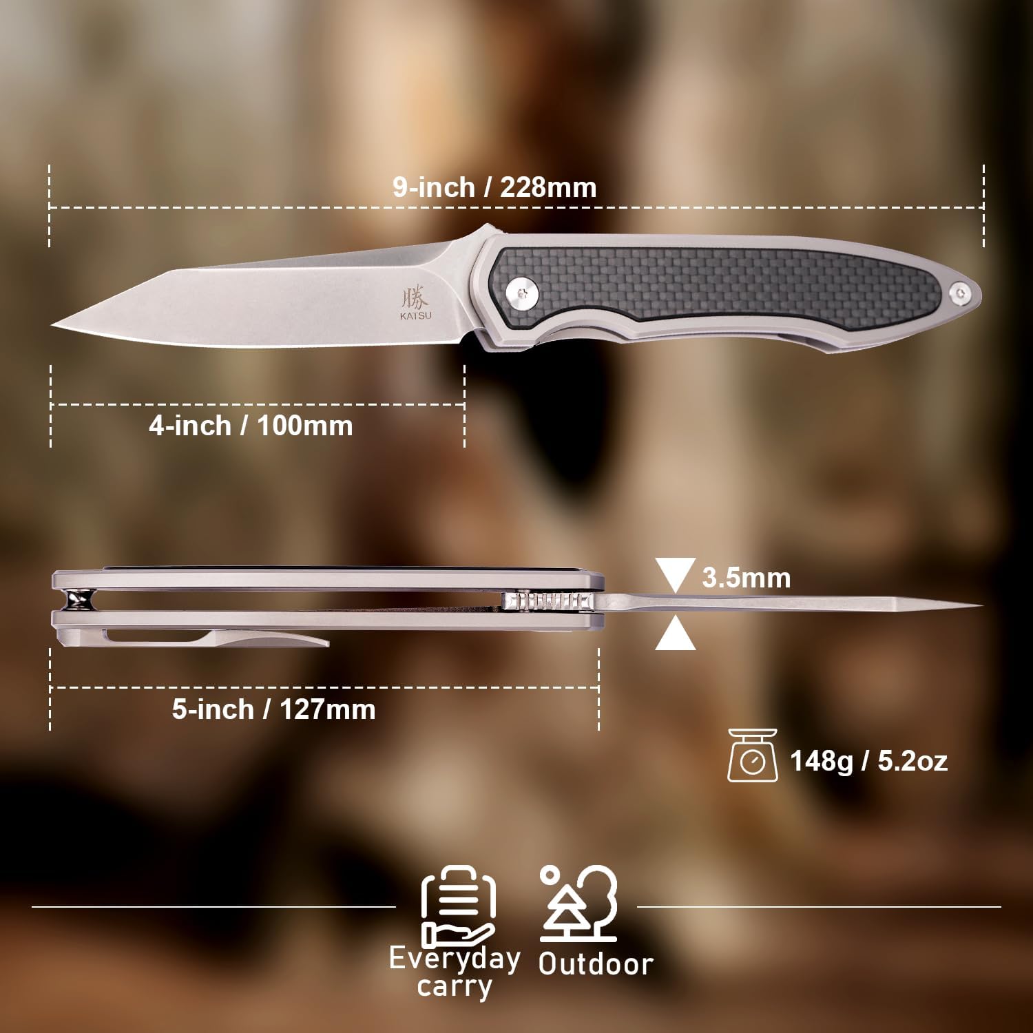 KATSU S35VN Folding Knife with Clip,Carbon Fiber Handle Pocket Knife Cleaver Razor Blade Frame Lock,Japanese Style Clip Point Blade Stonewashed Titanium Knives with Leather Sheath Camping