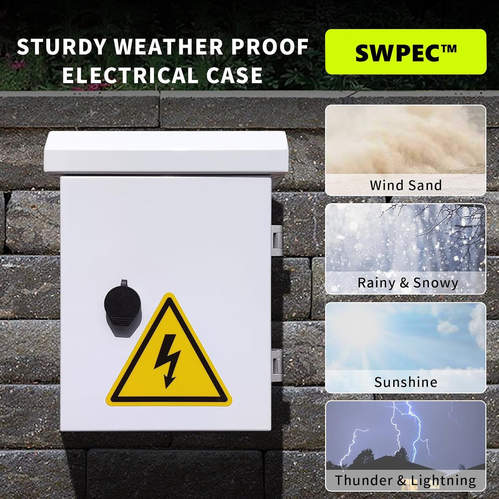 Metal Outdoor Enclosure with Rain Hood Electrical Box Weatherproof WiFi/Network Enclosure Breaker Box with Fan-Vent Design Cable Project Cabinet with Mounting Track Hole in Back 9X12X6