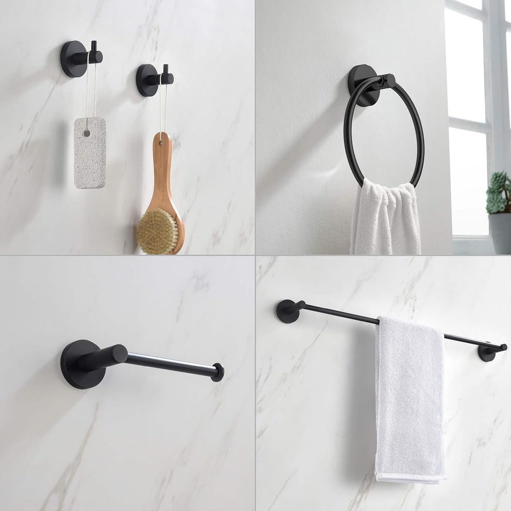 KIBI Circular Bathroom Hardware Set 5-Piece | 24' Towel Bar, Towel Ring, Toilet Paper Holder, 2 Robe Hooks | Wall-Mounted Solid Brass Bathroom Accessories | Matte Black, C-KBA14-5-1