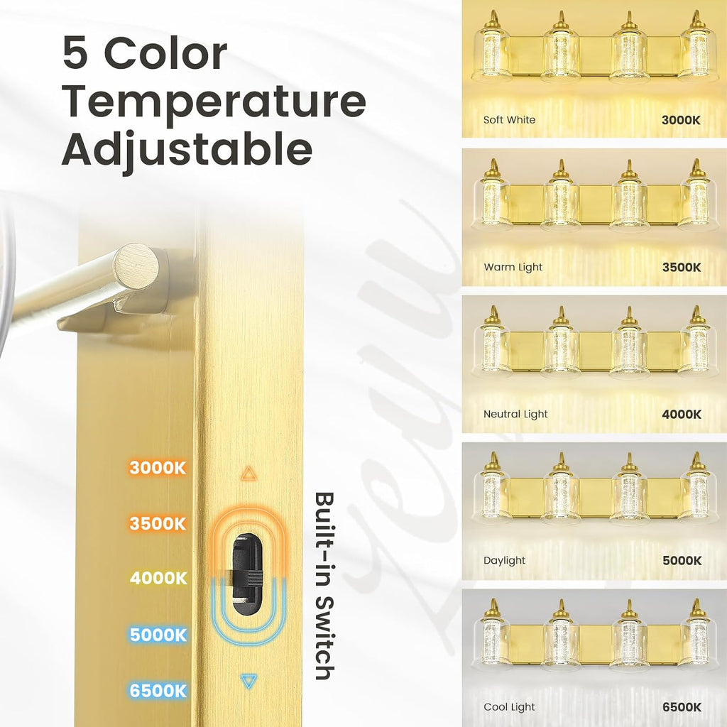 zeyu 24W Dimmable Gold Bathroom Vanity Light, 4-Light Gold Bathroom Light Fixture with 5 Color Modes, Brushed Gold Finish with Crystal Bubble and Clear Glass, ZSL72B-4W LED BG
