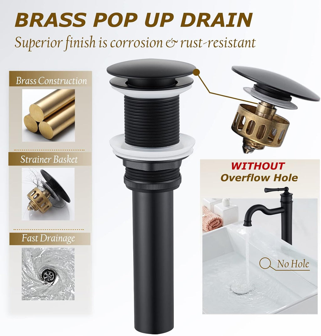Vessel Sink Faucet Matte Black Bathroom Tall Faucet Single Hole Deck-Mount Pop up Drain Assembly Without Overflow Water Supply Lines Included