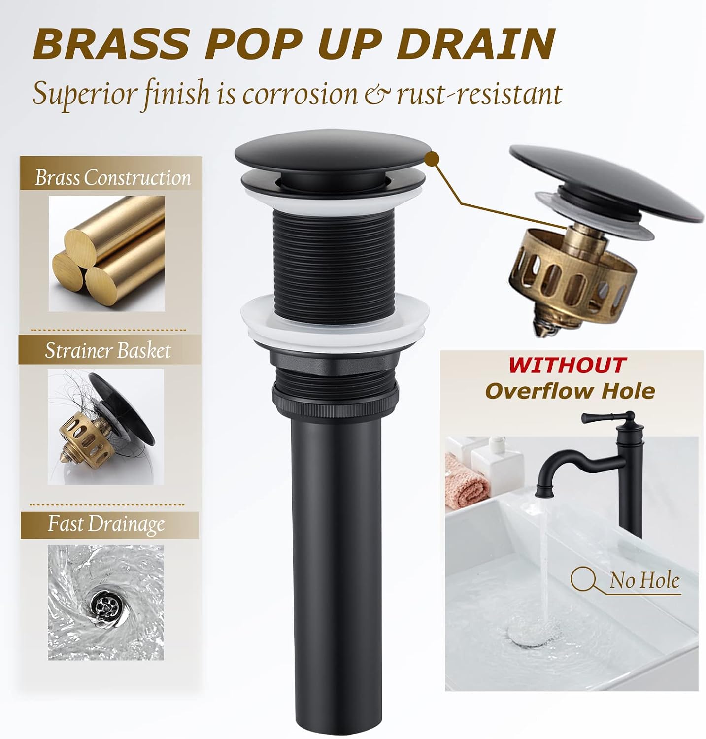 Vessel Sink Faucet Matte Black Bathroom Tall Faucet Single Hole Deck-Mount Pop up Drain Assembly Without Overflow Water Supply Lines Included
