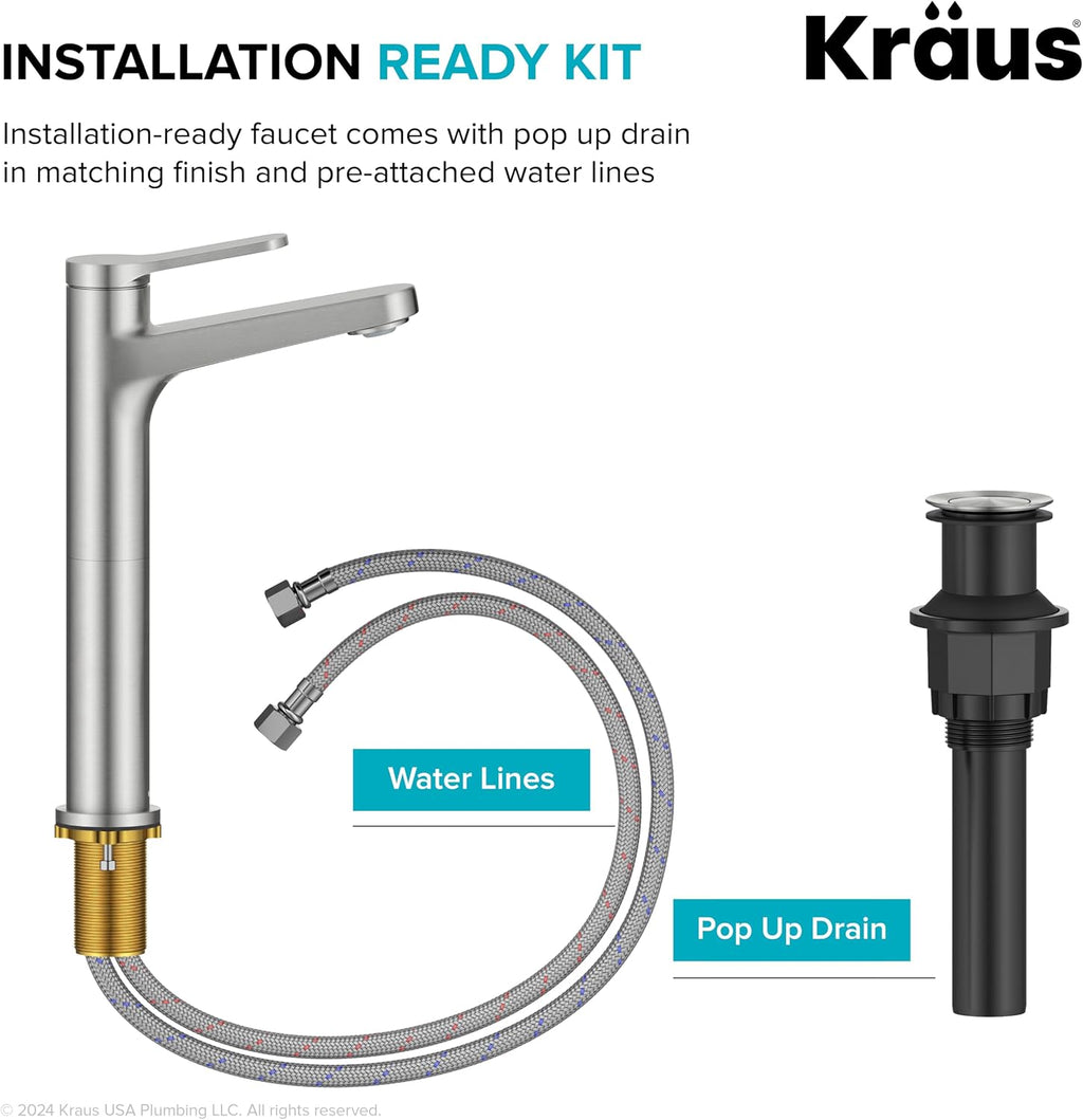 KRAUS Indy Bathroom Faucet for Vessel Sink in Spot-Free Brushed Nickel with Single Handle, Pop Up Drain and Supply Lines, KVF-1410SFBN