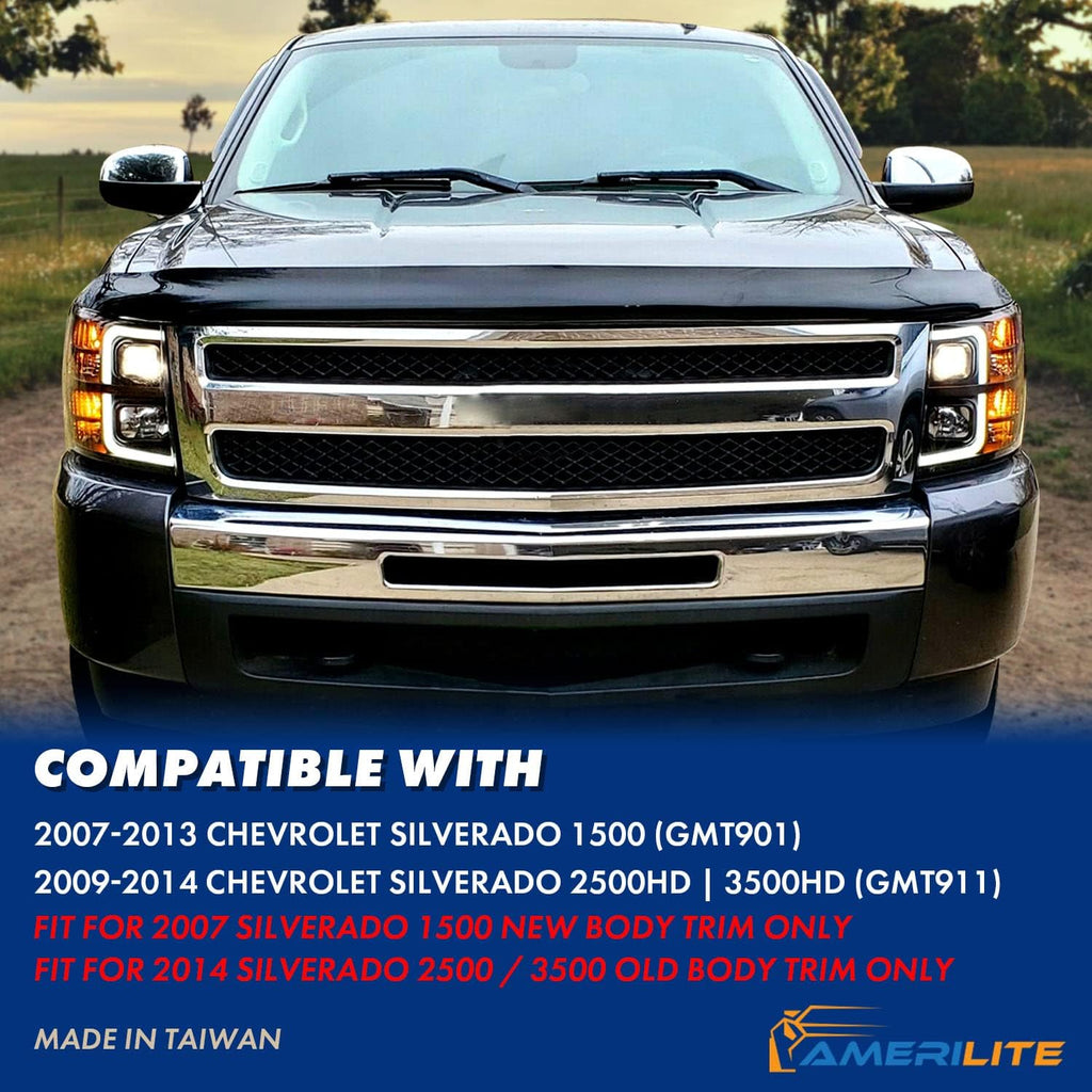 AmeriLite For 2007-2013 Chevy Silverado 1500/07-14 2500HD 3500HD Led, Halogen, Tube Quad Projector Car Headlights Assembly Set - Passenger and Driver Side, Vehicle Light Assembly, Black