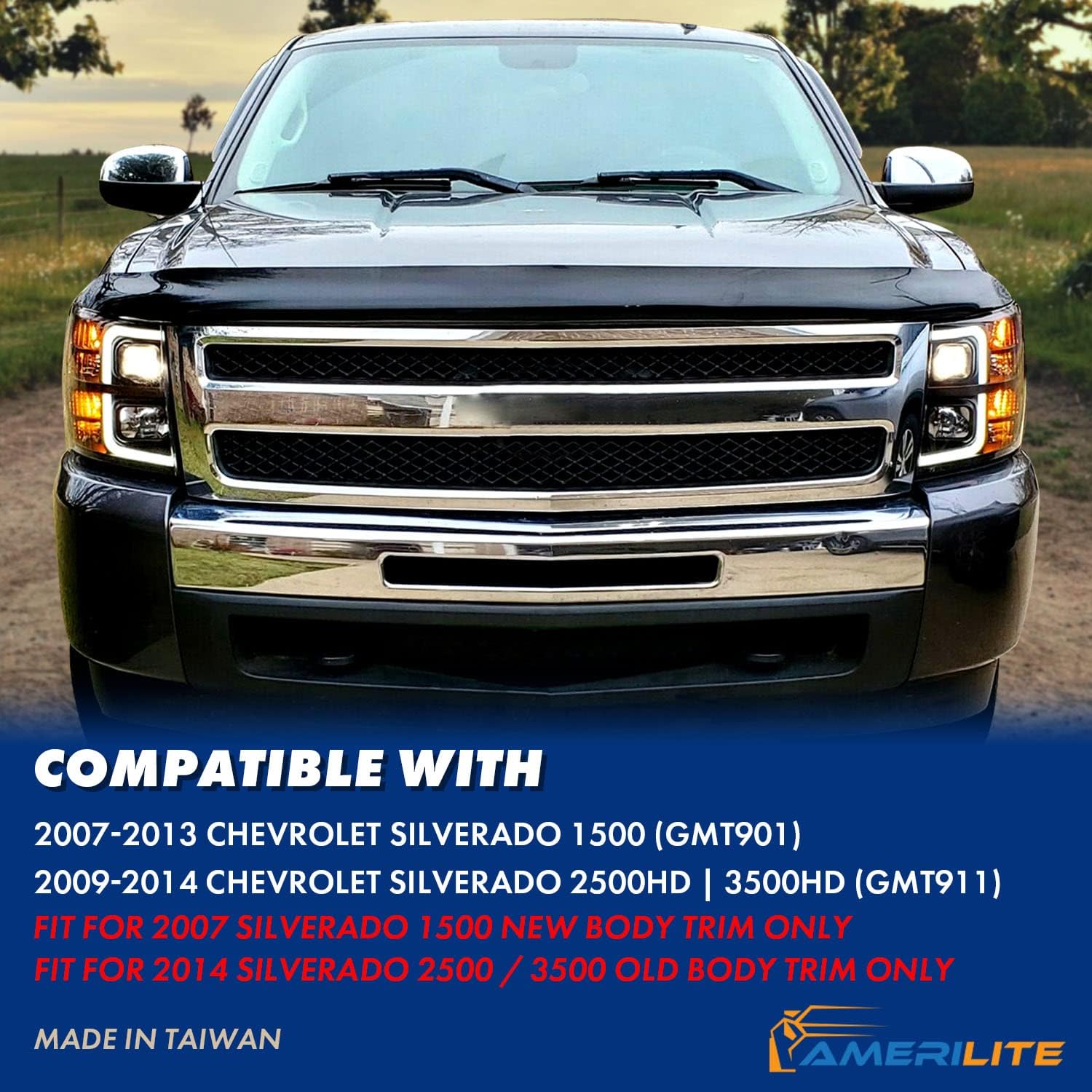 AmeriLite For 2007-2013 Chevy Silverado 1500/07-14 2500HD 3500HD Led, Halogen, Tube Quad Projector Car Headlights Assembly Set - Passenger and Driver Side, Vehicle Light Assembly, Black