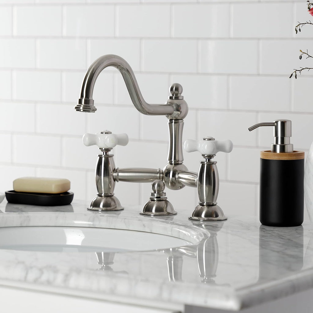 Kingston Brass KS3918PX Restoration Bathroom Bridge Faucet, Brushed Nickel