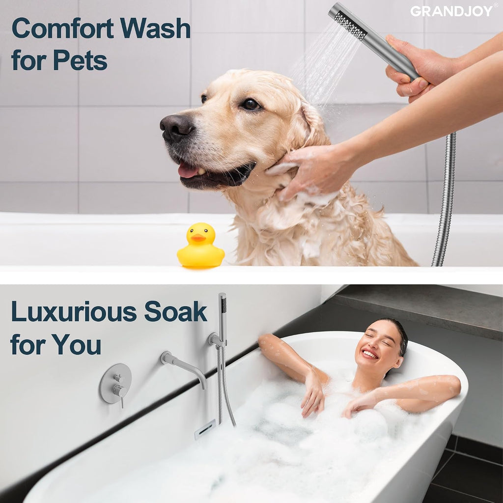 Brushed Nickel Wall Mount Bathtub Faucet with Handheld Shower, High Flow Tub Filler, Solid Brass Rough-in Valve Included, Single Handle Bathroom Fixture