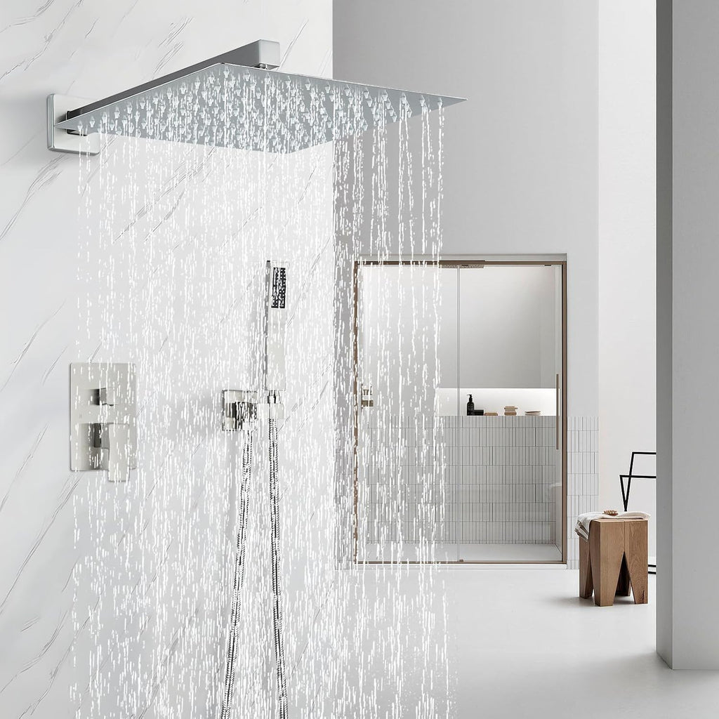 Shower Faucet Set Brushed Nickel Shower System with 12 Inches Rain Shower Head and Handheld Sprayer Wall Mounted Shower Fixture Set with Brass Shower Valve