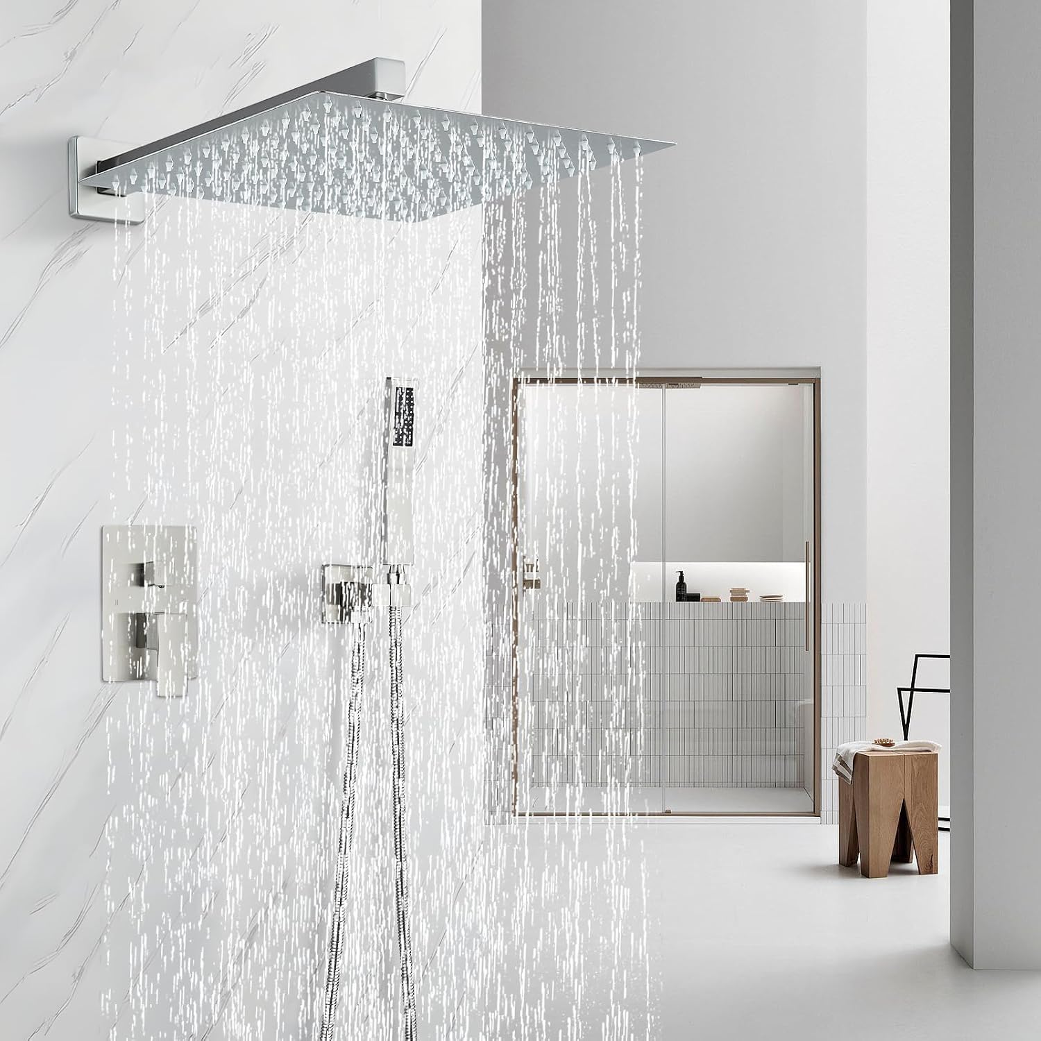 Shower Faucet Set Brushed Nickel Shower System with 12 Inches Rain Shower Head and Handheld Sprayer Wall Mounted Shower Fixture Set with Brass Shower Valve