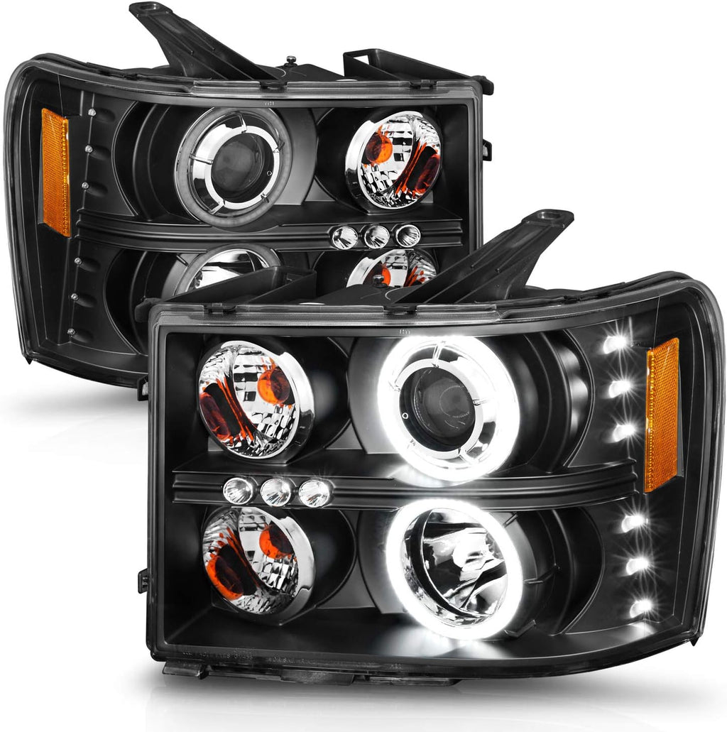 AmeriLite for 2007-2014 GMC Sierra 1500 2500 3500 Dual Xtreme LED Halo Rings Projector Black Replacement Headlight Assembly Set - Driver and Passenger Side