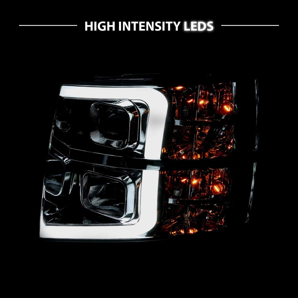 AmeriLite For 2007-2013 Chevy Silverado 1500/07-14 Silverado 2500HD 3500HD LED Tube Chrome Square Projector Headlights Set - Passenger and Driver Side